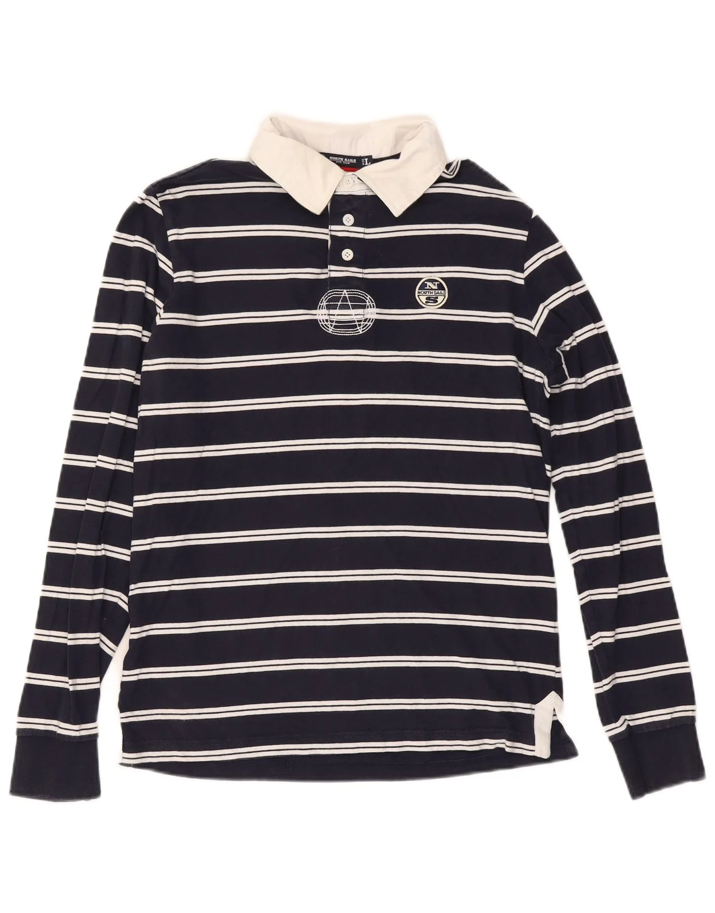 North Sails Mens Long Sleeve Rugby Polo Shirt Large Navy Blue Striped