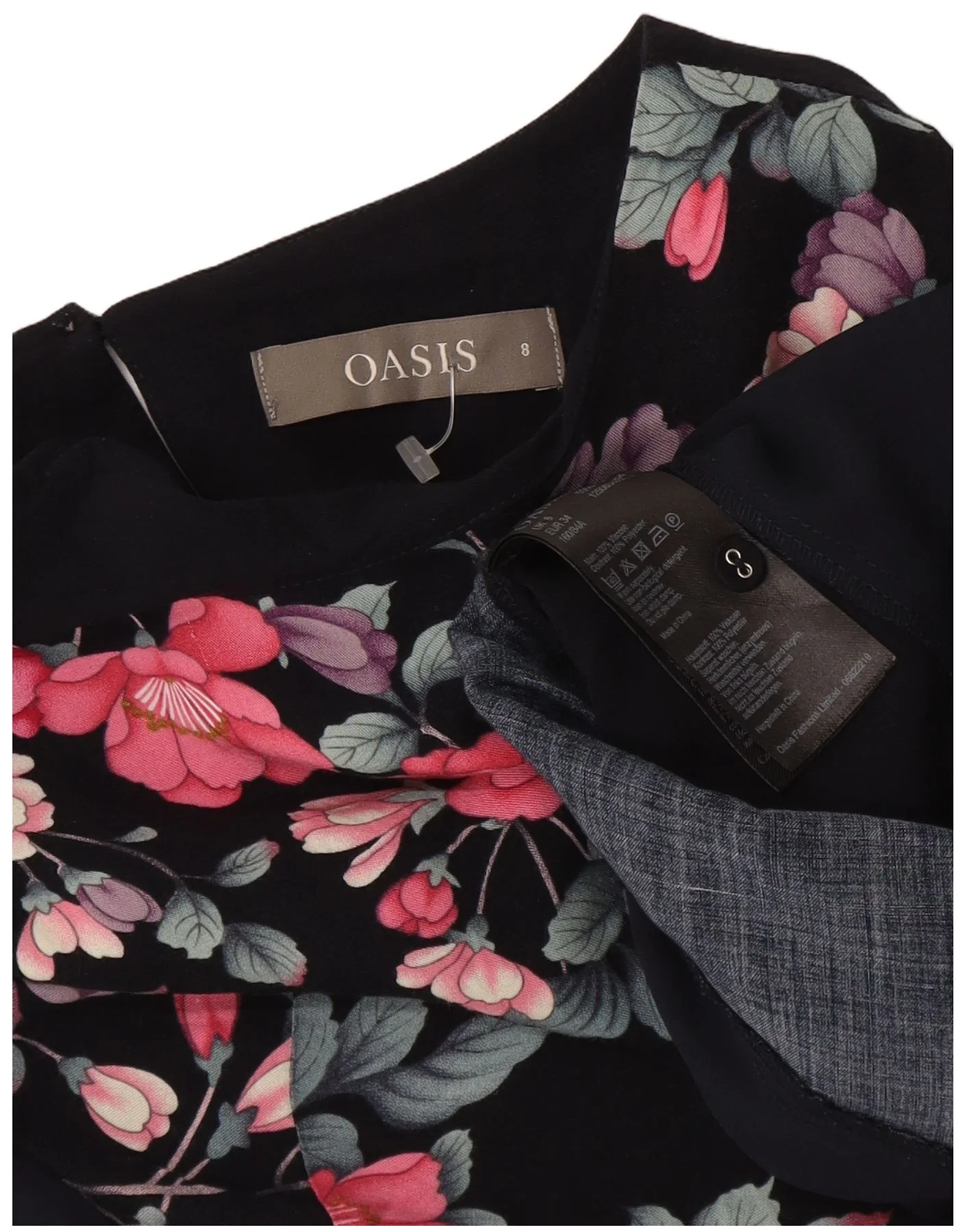Oasis Womens Crop Front Tie Blouse Top UK 8 Small Navy Blue Floral Viscose - Image 3
