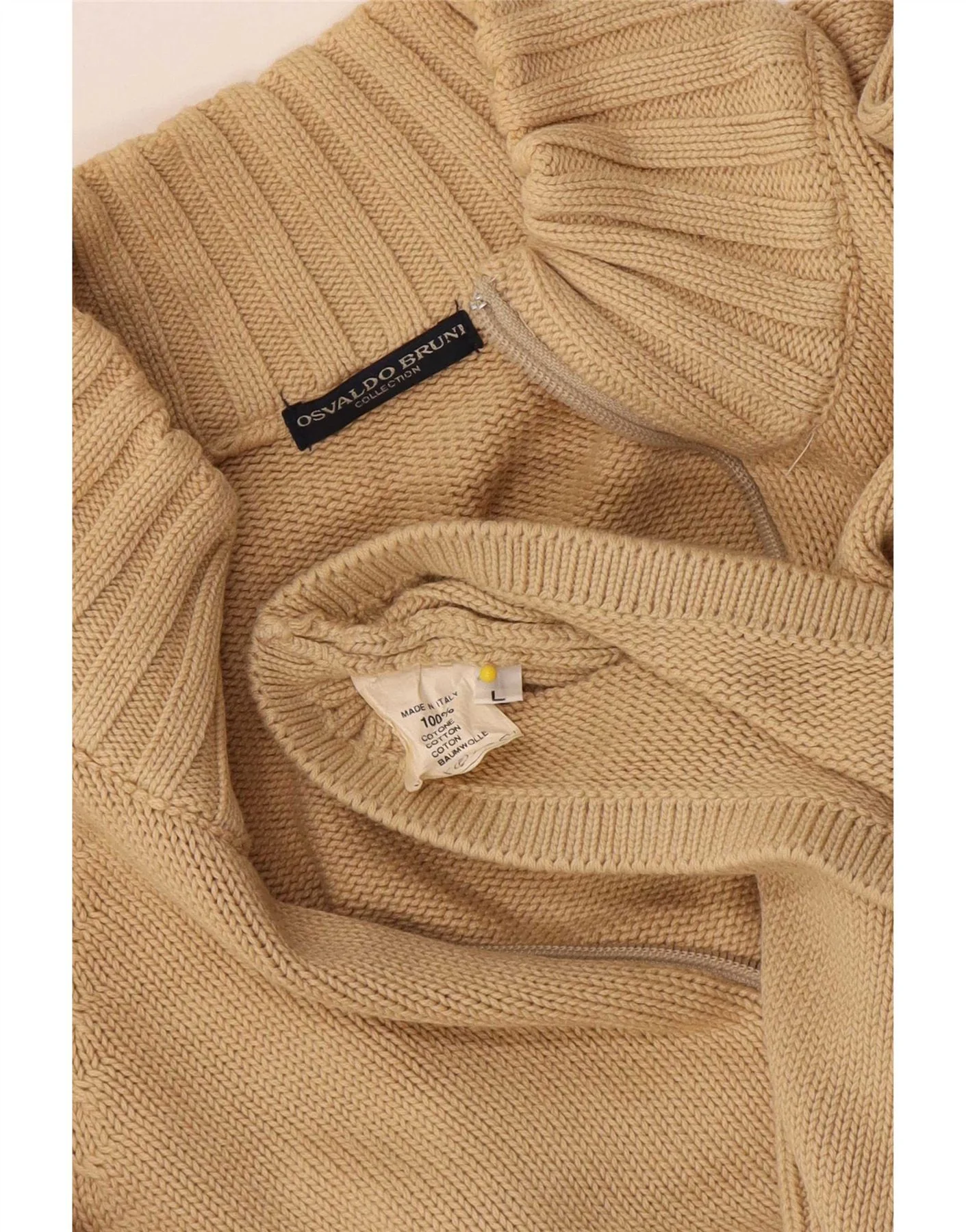Osvaldo Bruni Mens Zip Neck Jumper Sweater Large Beige Cotton - Image 3