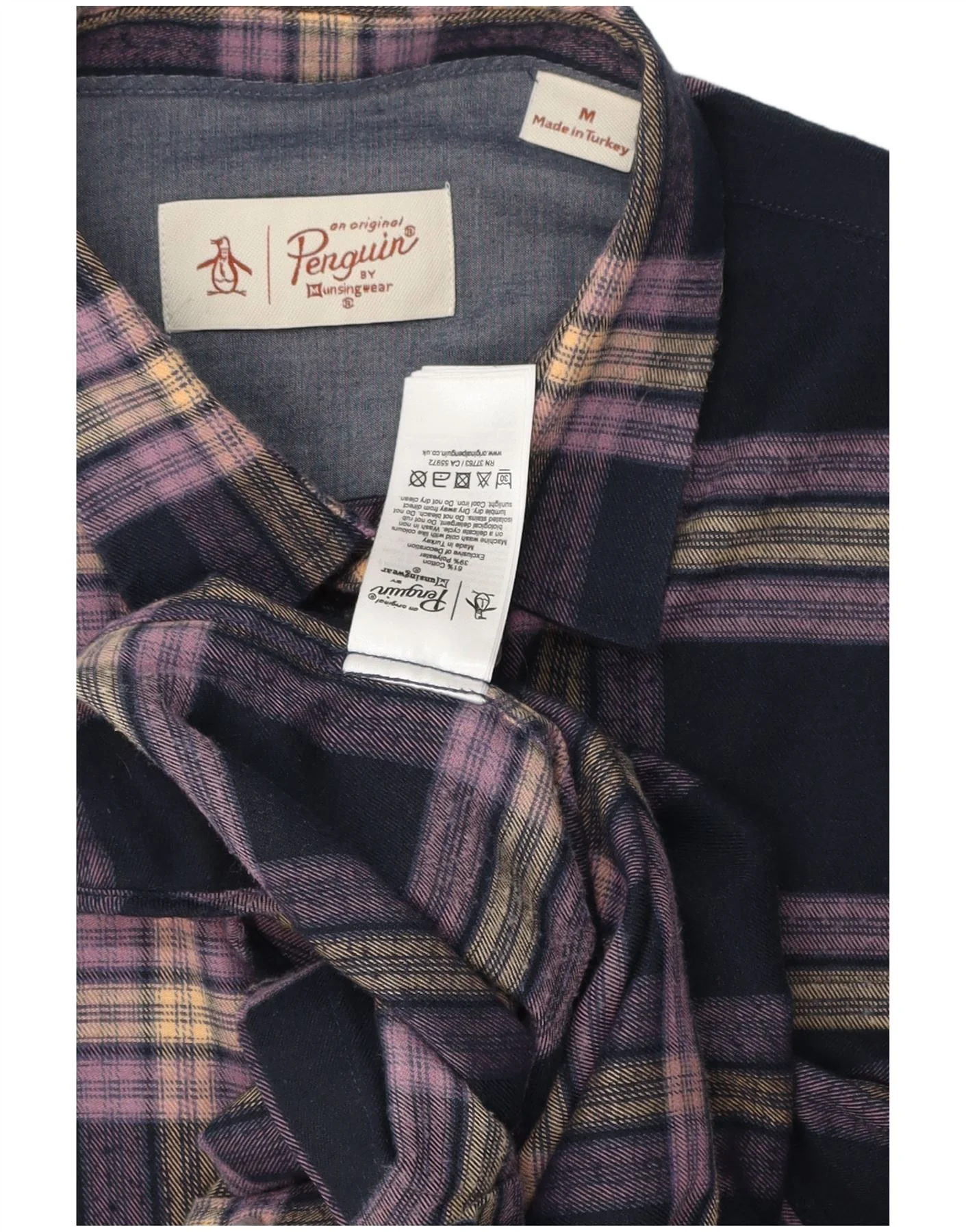 Penguin Mens Flannel Shirt Medium Navy Blue Check Cotton - Image 3