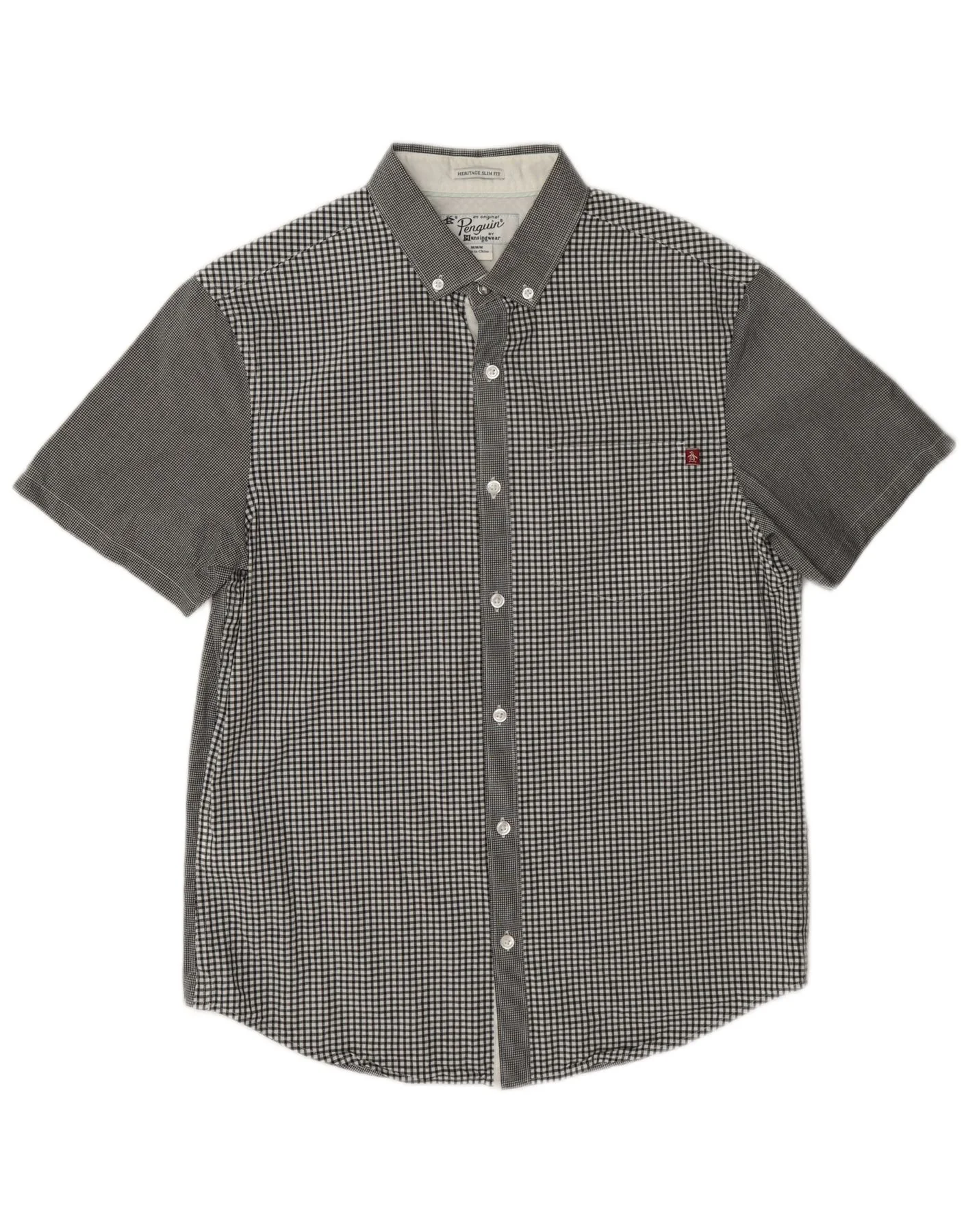 Penguin Mens Heritage Short Sleeve Shirt Medium Grey Gingham Cotton