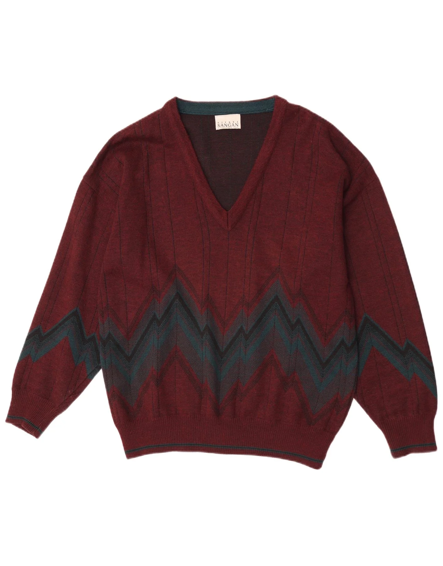 Pierre Sangan Mens V-Neck Jumper Sweater Large Burgundy Geometric