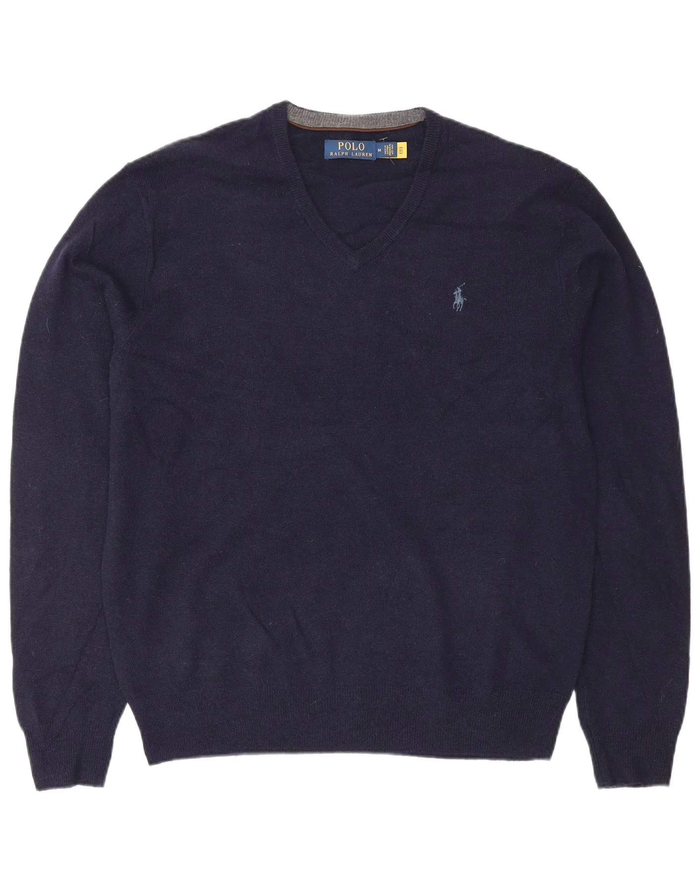 POLO RALPH LAUREN Mens V-Neck Jumper Sweater Medium Navy Blue Wool
