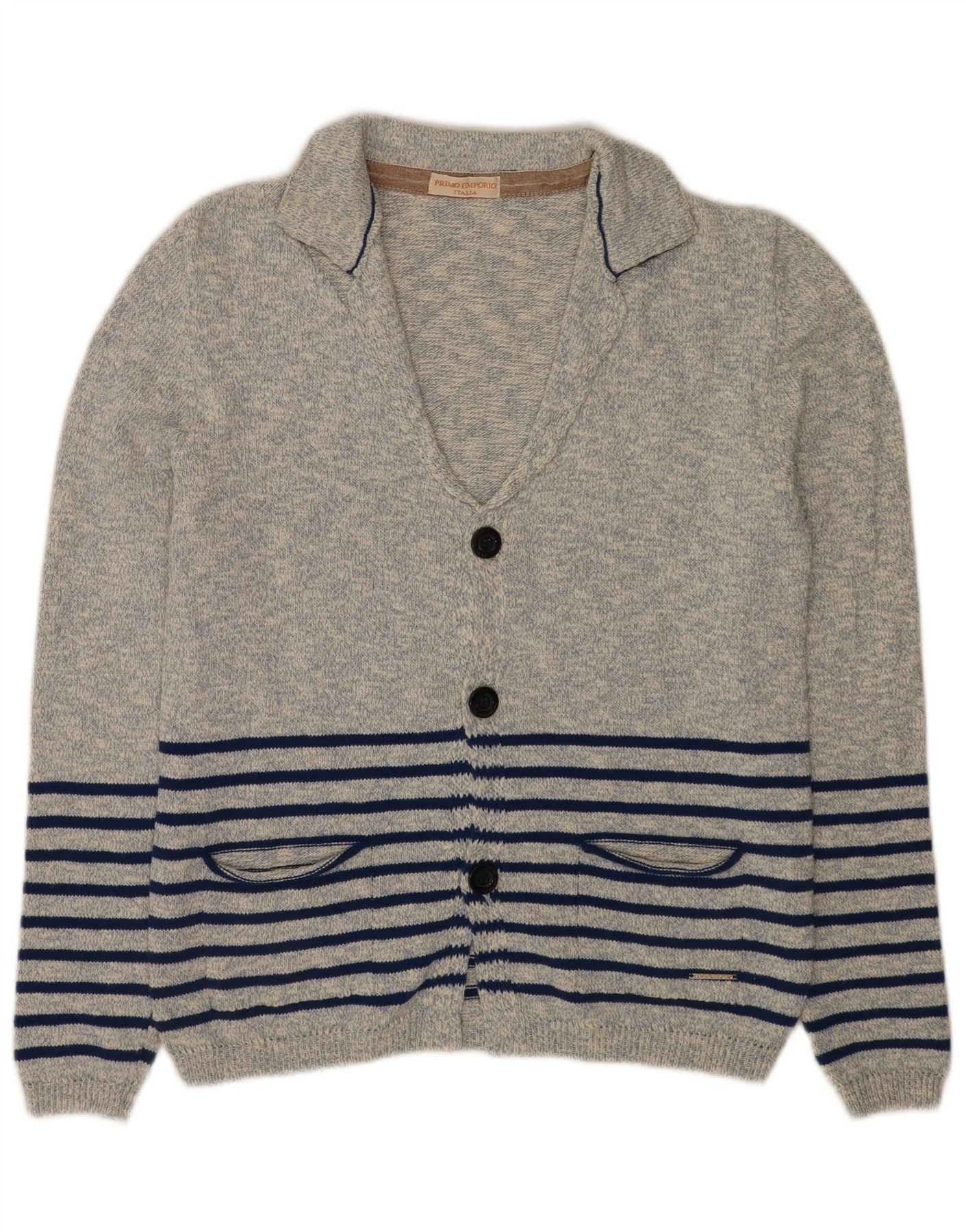 Primo Emporio Womens Cardigan Sweater UK 12 Medium Blue Striped Cotton