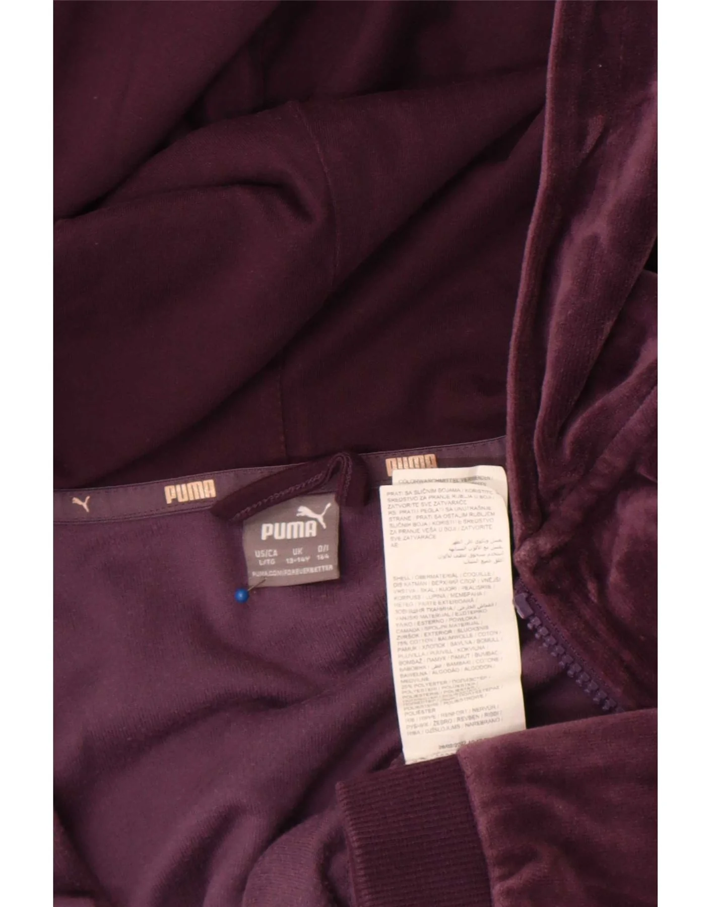 Puma Girls Velvet Zip Hoodie Sweater 13-14 Years Purple Cotton - Image 3