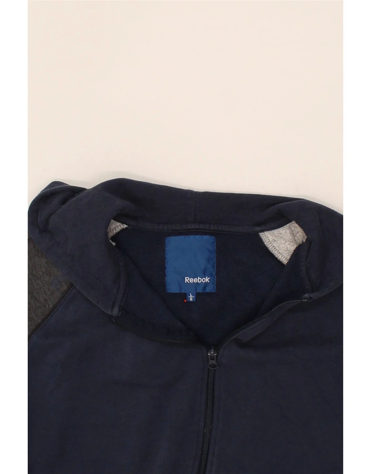 REEBOK Mens Graphic Zip Hoodie Sweater Large Navy Blue Colourblock Cotton - Image 3