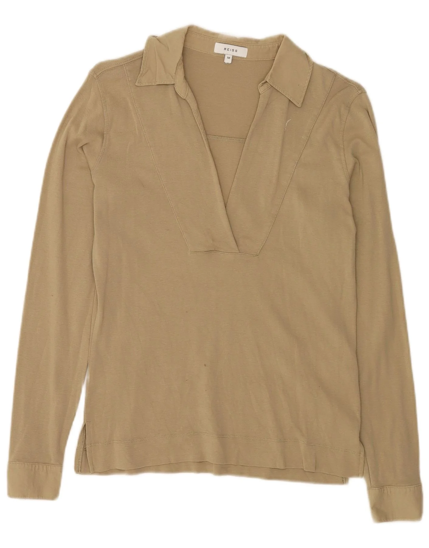 Reiss Womens Long Sleeve Polo Shirt UK 14 Medium Beige Cotton