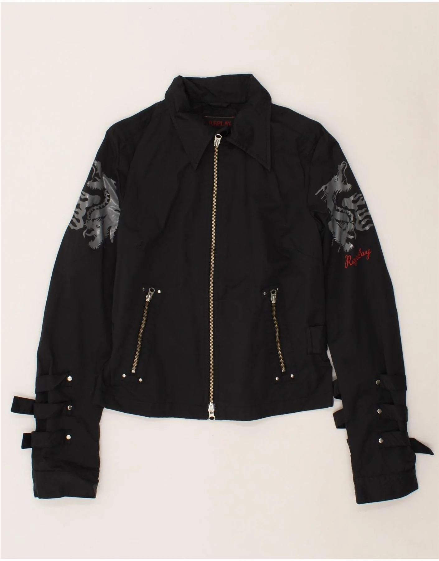 REPLAY Womens Graphic Bomber Jacket UK 14 Large Black Cotton