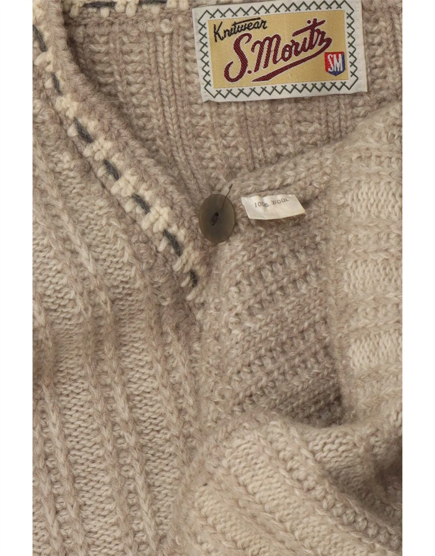 S.Moritz Mens Loose Fit Cardigan Sweater Small Beige Geometric Wool - Image 3
