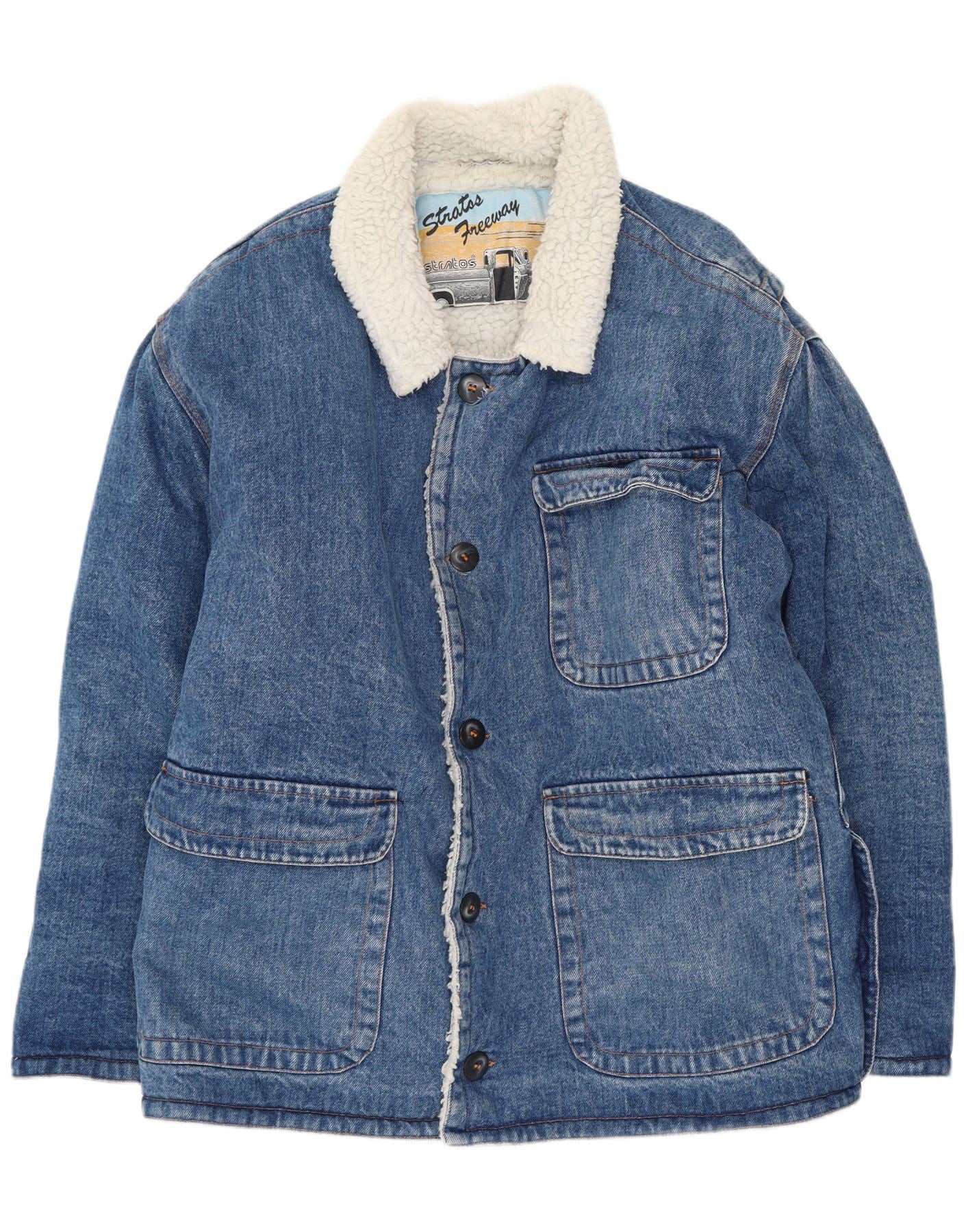 Stratos Mens Sherpa Denim Jacket UK 38 Medium Blue Cotton Retro