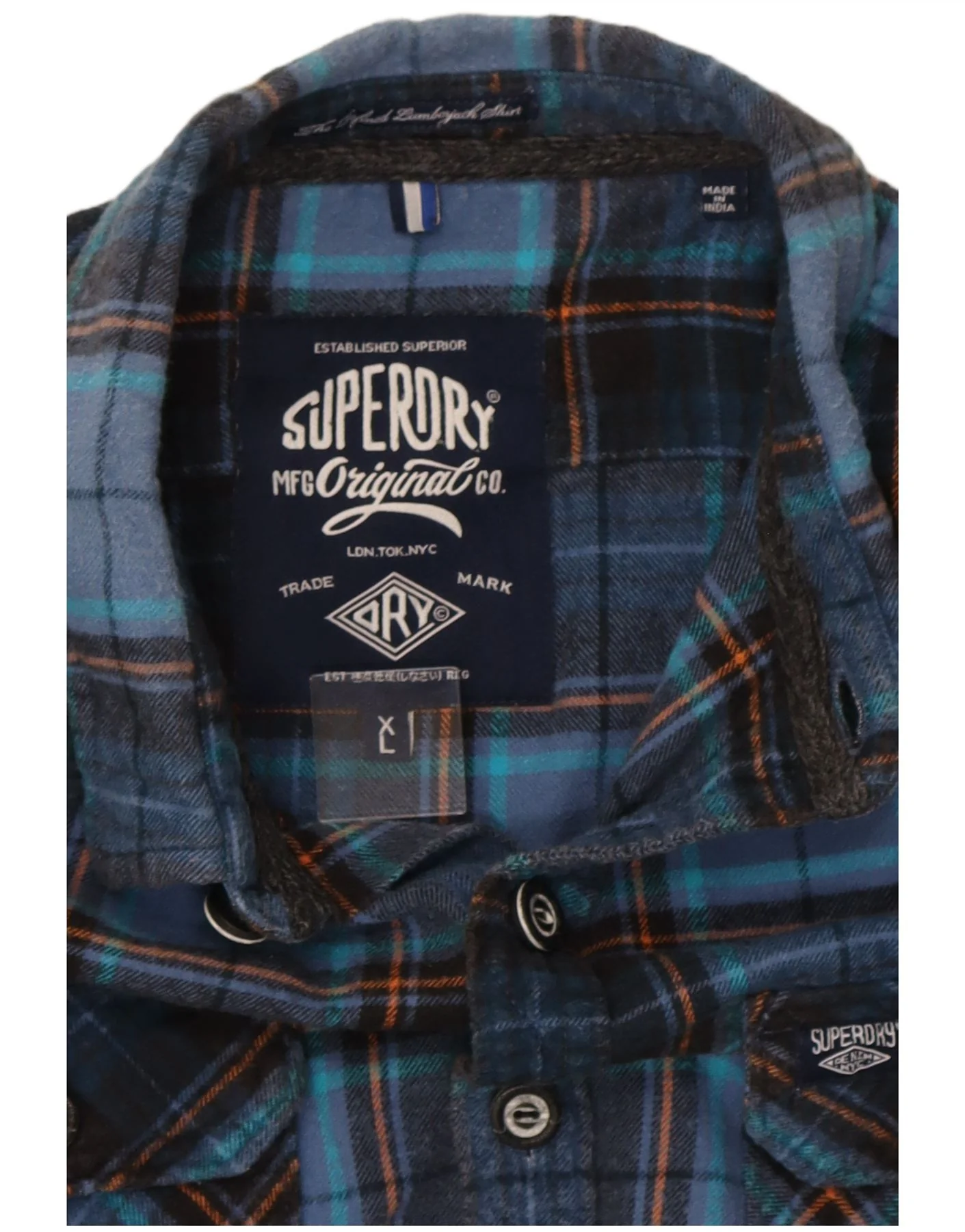 Superdry Mens Flannel Shirt XL Navy Blue Check Cotton - Image 3