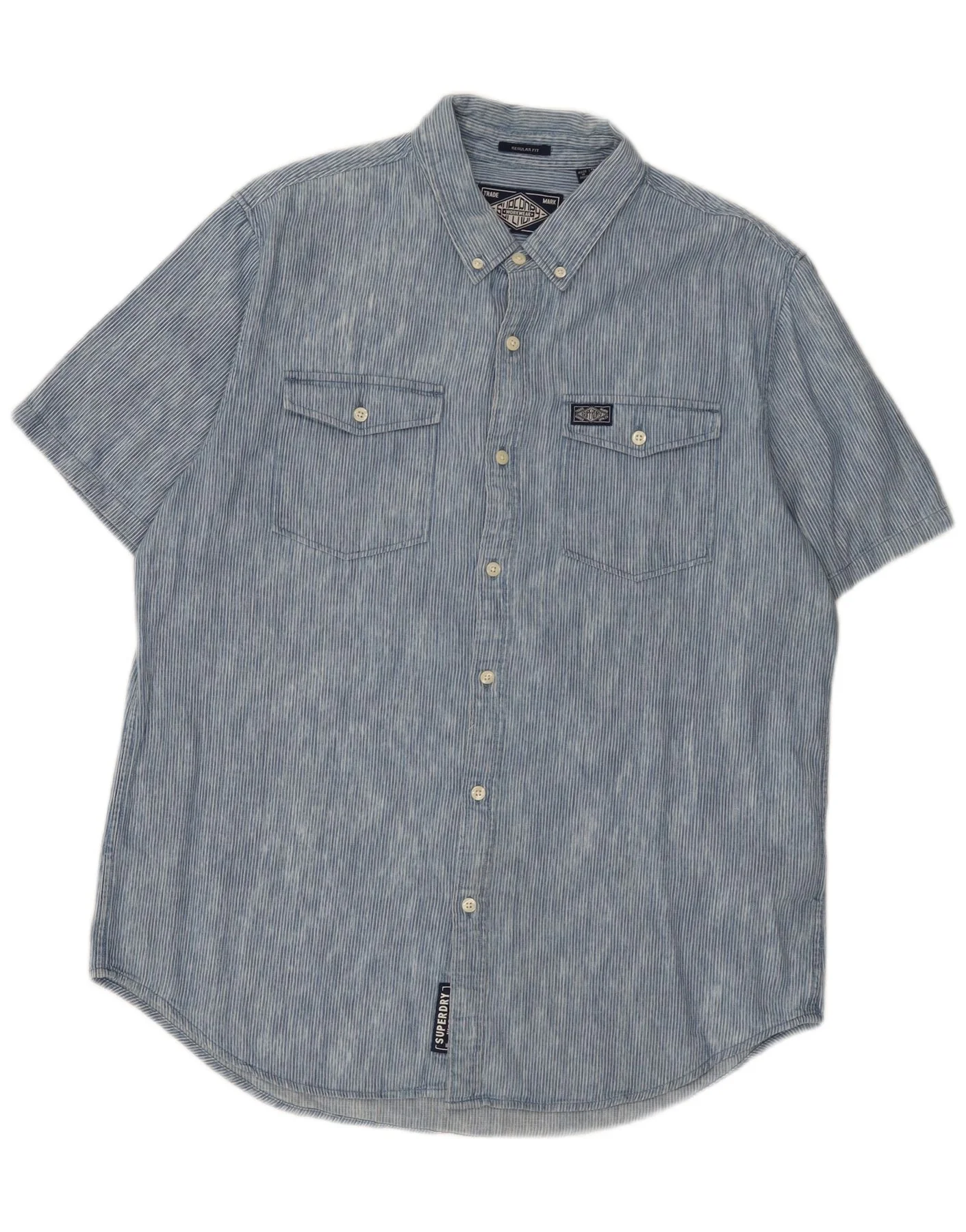 Superdry Mens Short Sleeve Regular Fit Shirt 2XL Blue Pinstripe Cotton