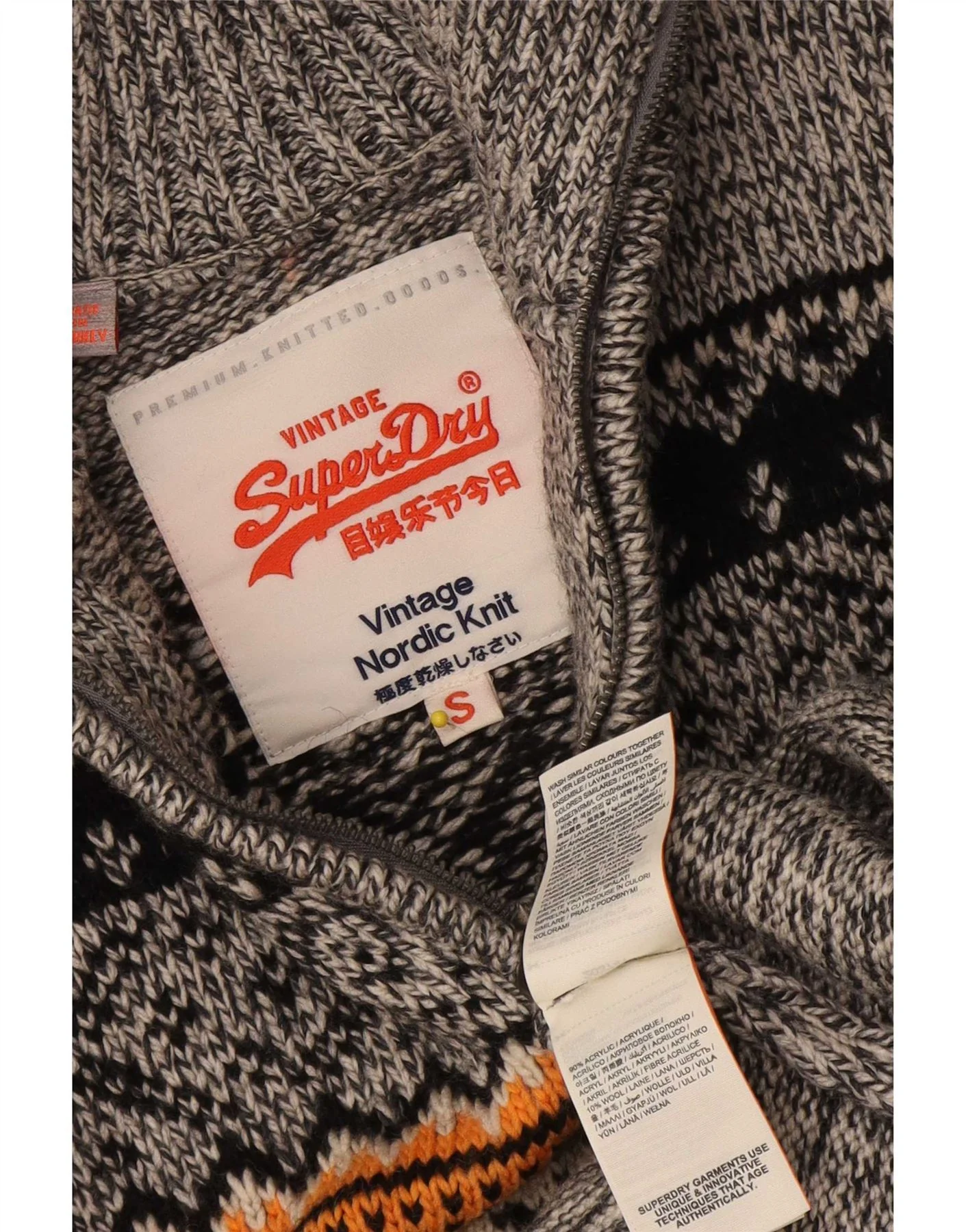 Superdry Mens Zip Neck Jumper Sweater Small Grey Fair Isle Acrylic - Image 3