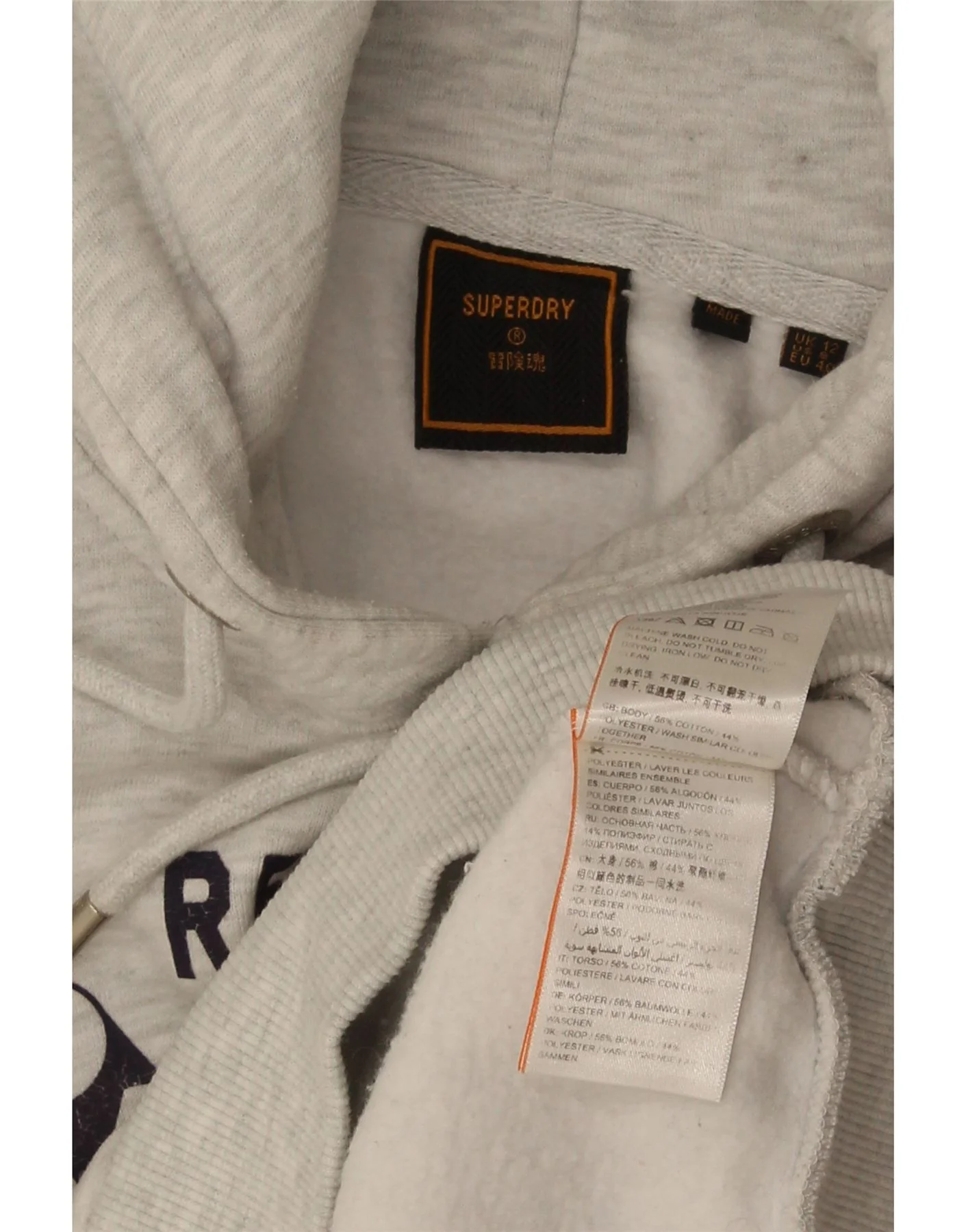 Superdry Womens Graphic Hoodie Jumper UK 12 Medium Grey Flecked Cotton - Image 3