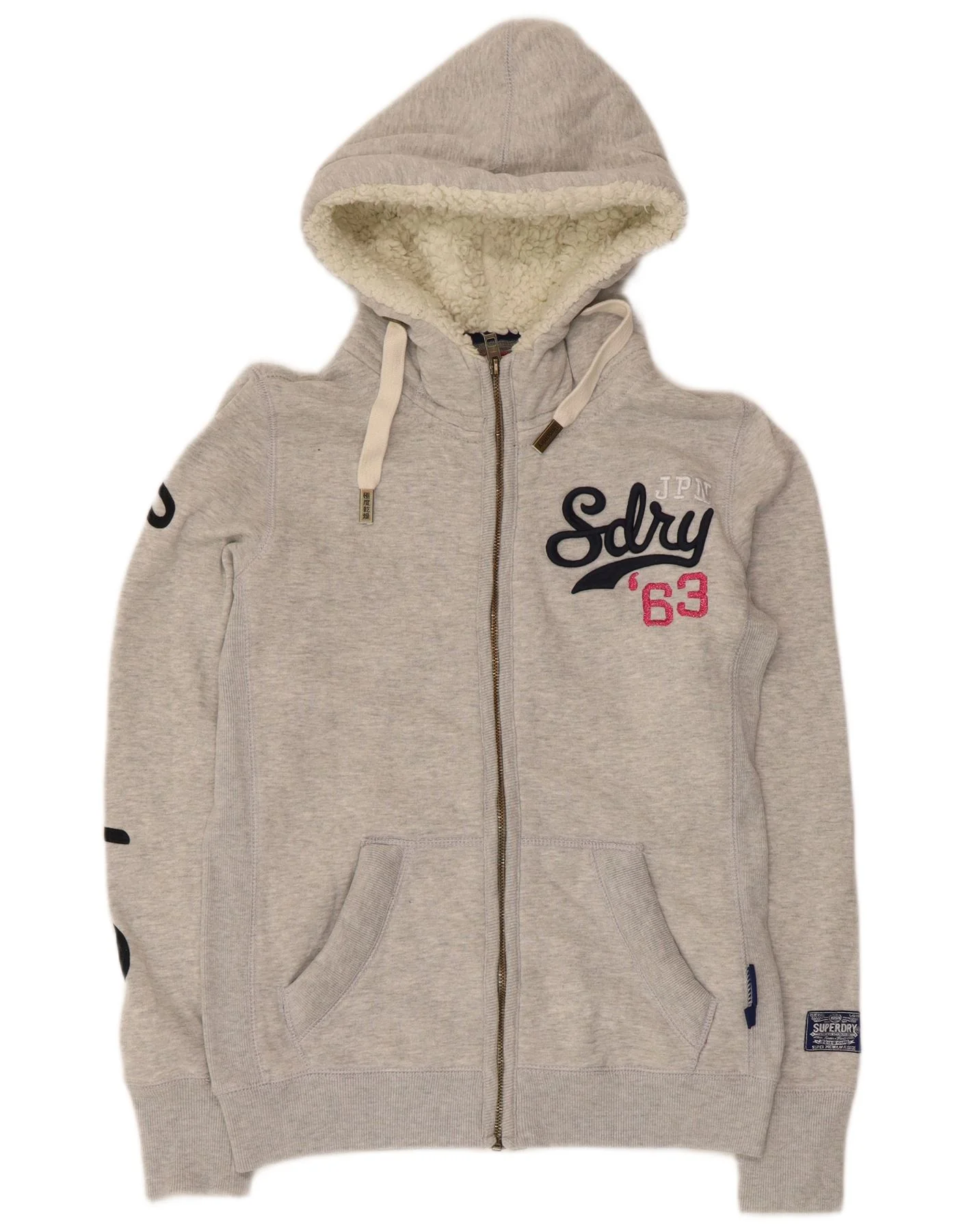 Superdry Womens Graphic Zip Hoodie Sweater UK 12 Medium Grey Cotton