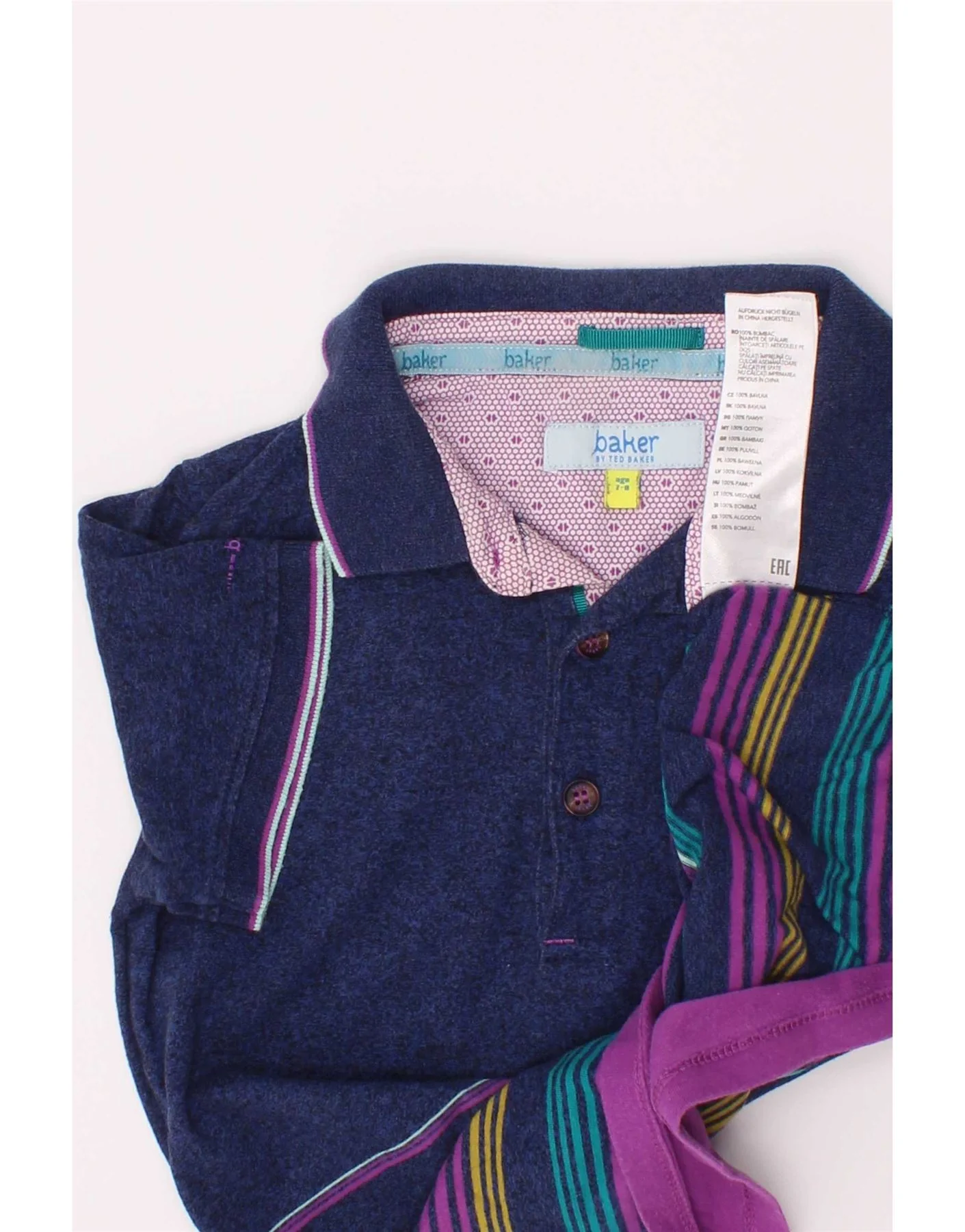 Ted Baker Boys Polo Shirt 7-8 Years Navy Blue Striped Cotton - Image 3