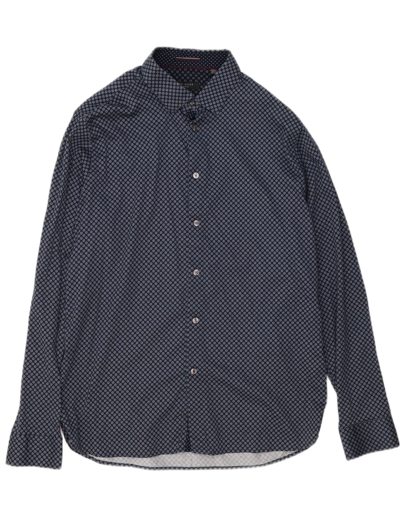 Ted Baker Mens Shirt Size 5 XL Navy Blue Geometric Cotton