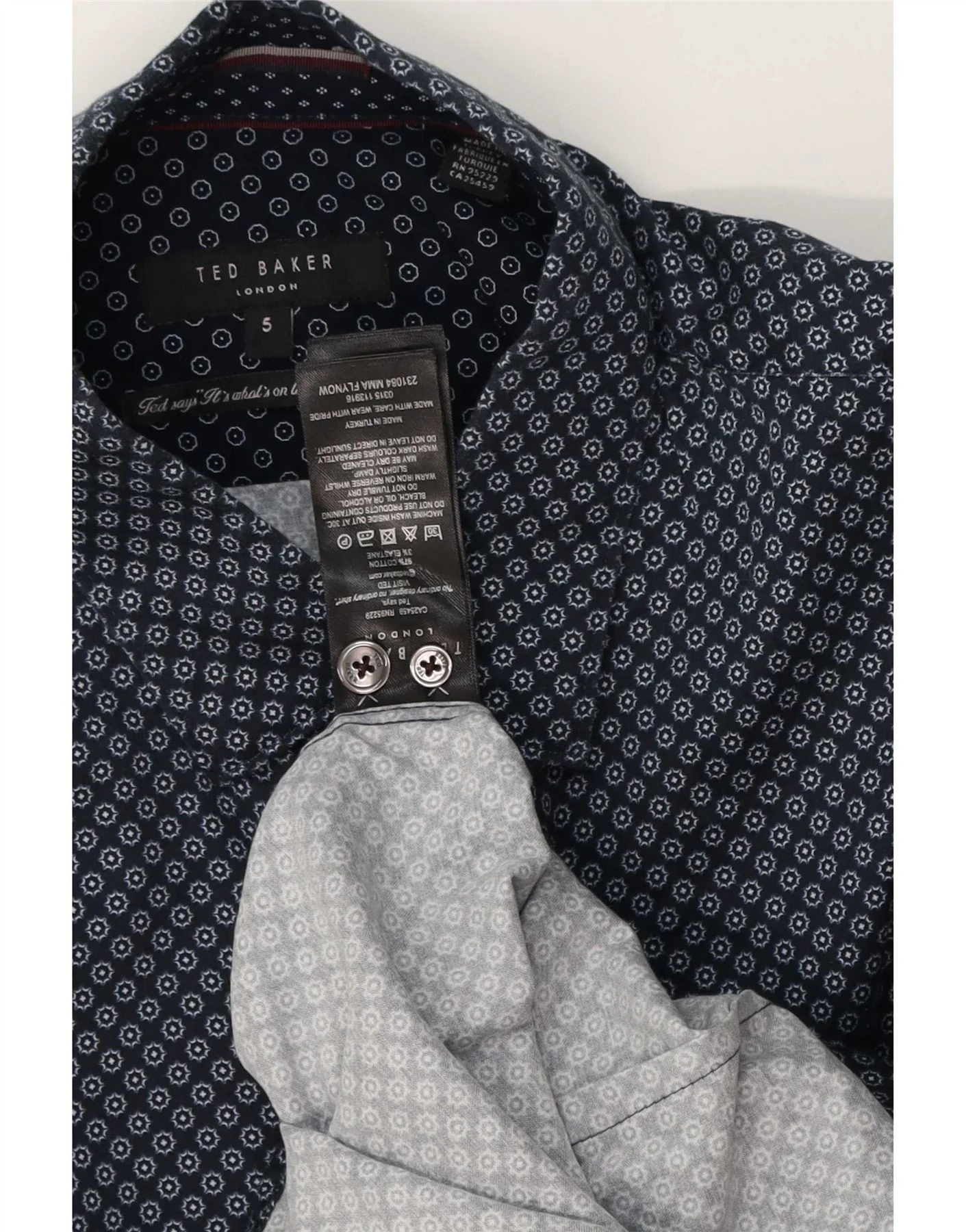 Ted Baker Mens Shirt Size 5 XL Navy Blue Geometric Cotton - Image 3