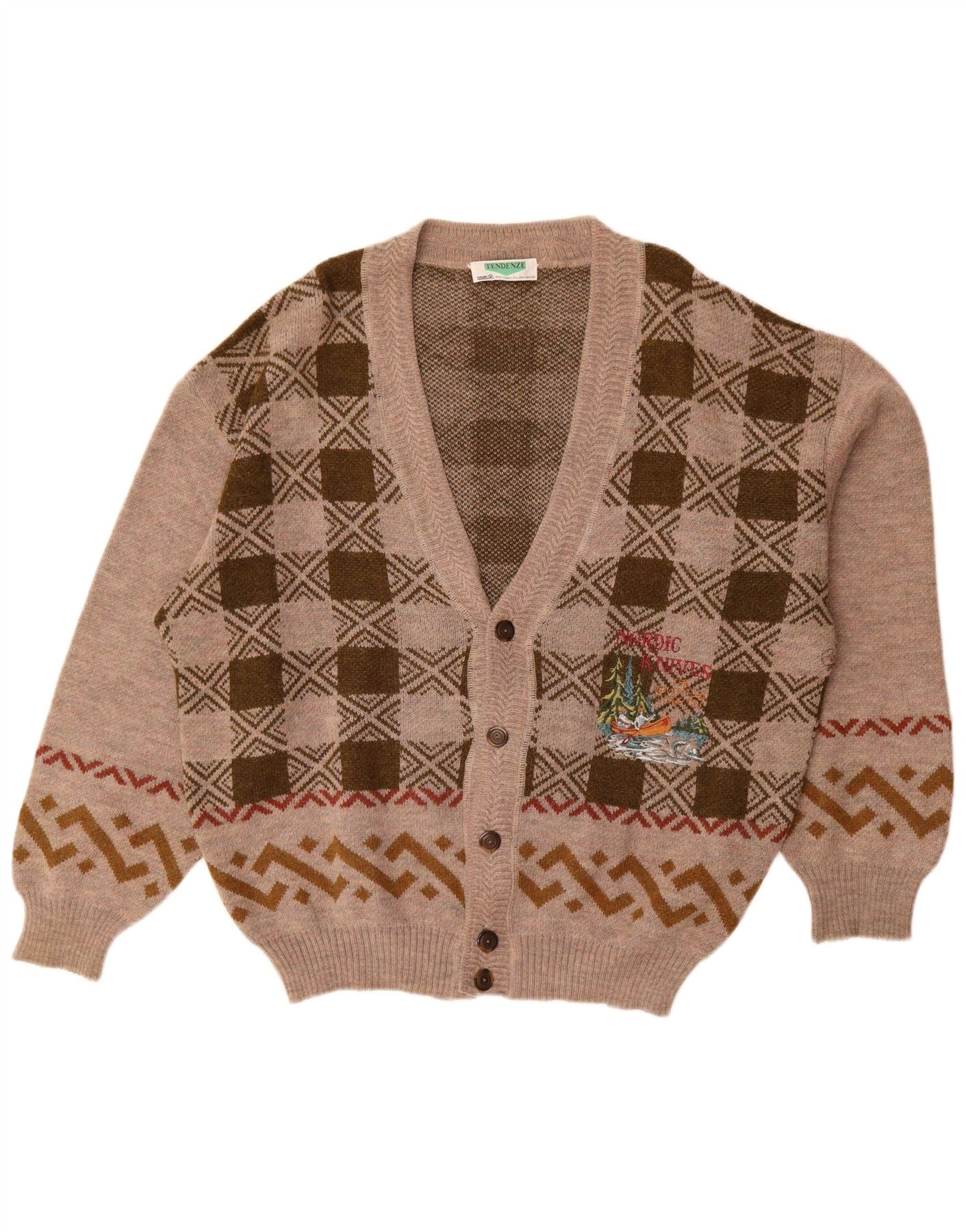 Tendenze Mens Graphic Cardigan Sweater XL Brown Geometric Alpaca Wool