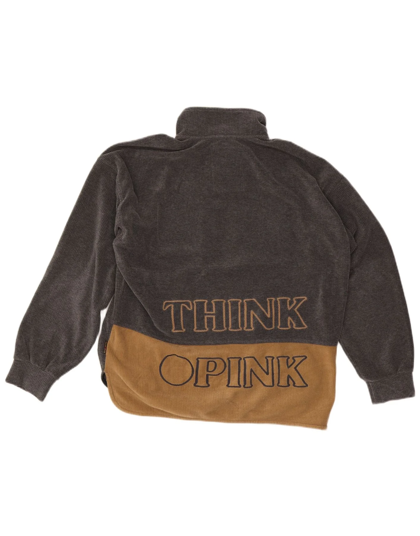 Think Pink Mens Graphic Zip Neck Fleece Jumper Medium Grey Colourblock - Image 2
