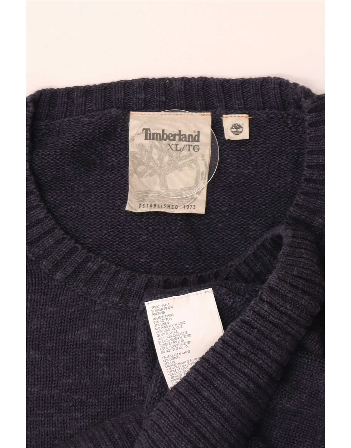 Timberland Mens Crew Neck Jumper Sweater XL Navy Blue Flecked Cotton - Image 3