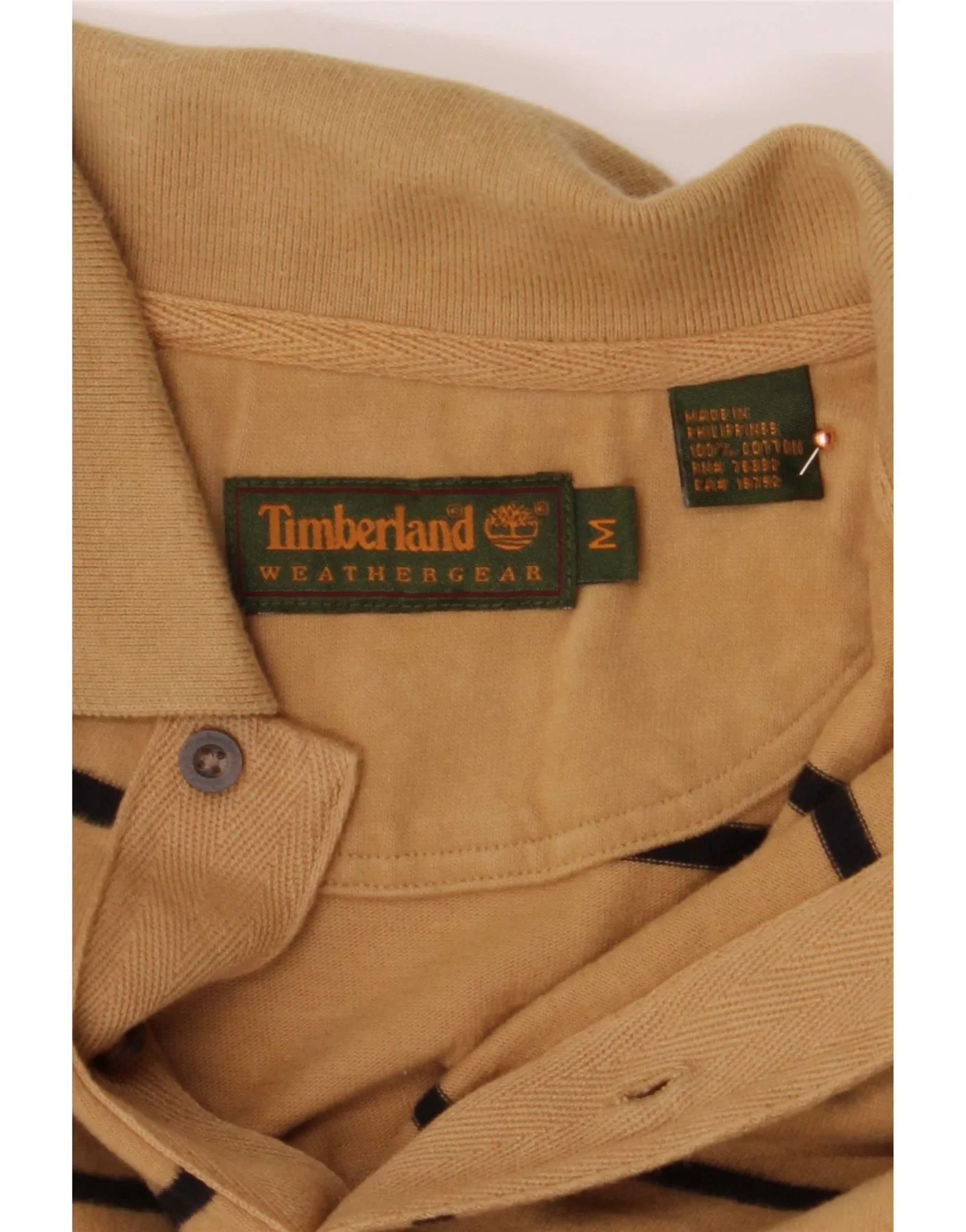 Timberland Mens Long Sleeve Polo Shirt Medium Beige Striped Cotton - Image 3