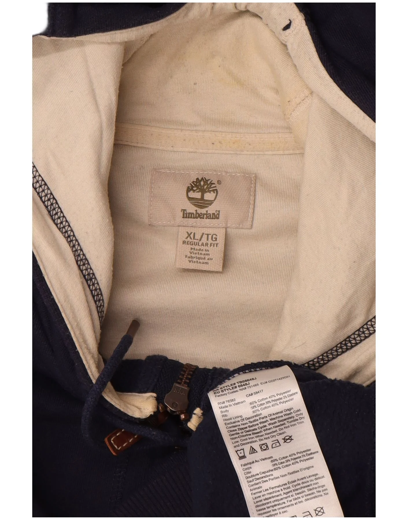 Timberland Mens Regular Fit Zip Hoodie Sweater XL Navy Blue Cotton - Image 3