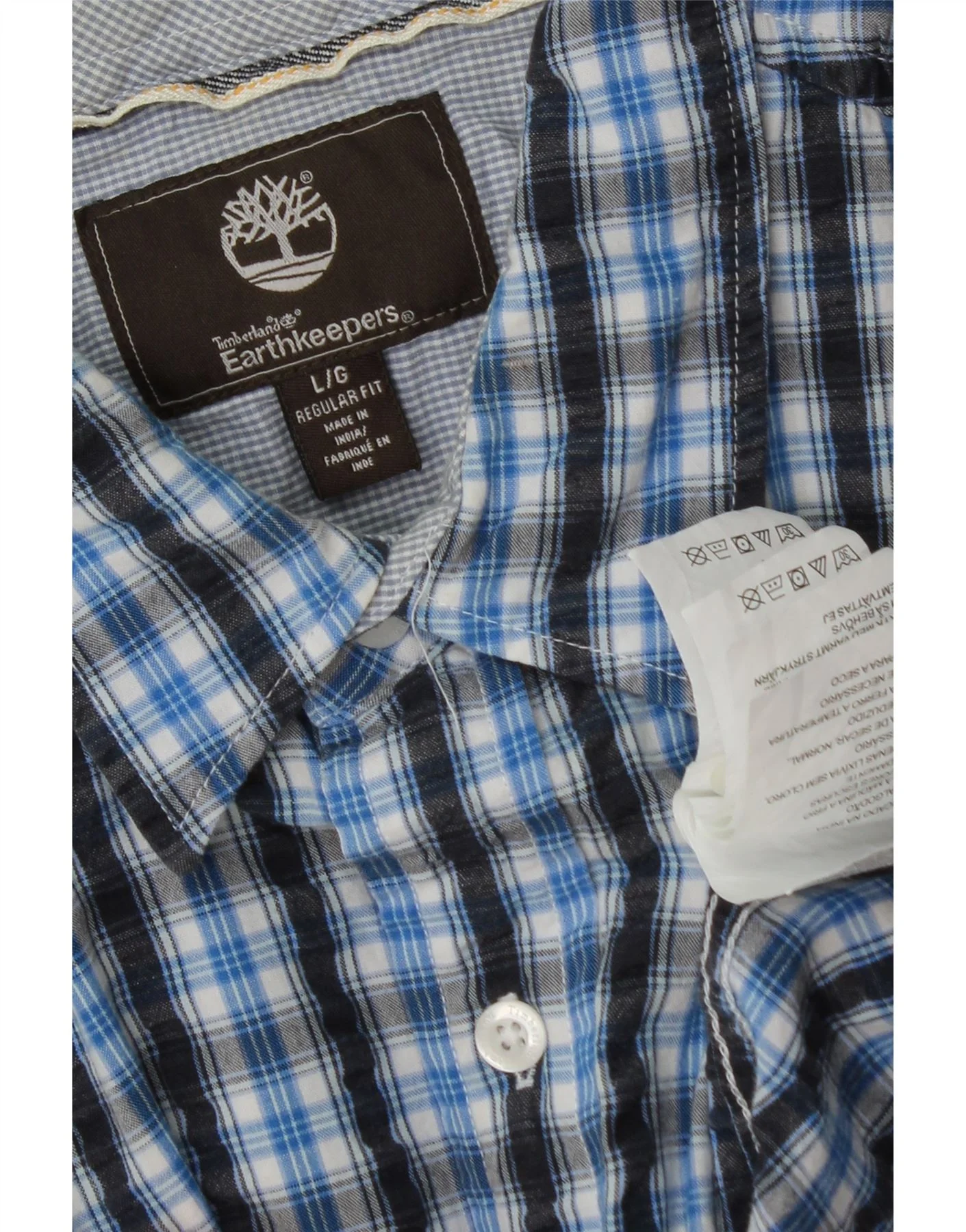 TIMBERLAND Mens Short Sleeve Regular Fit Shirt Large Blue Check Cotton - Image 3