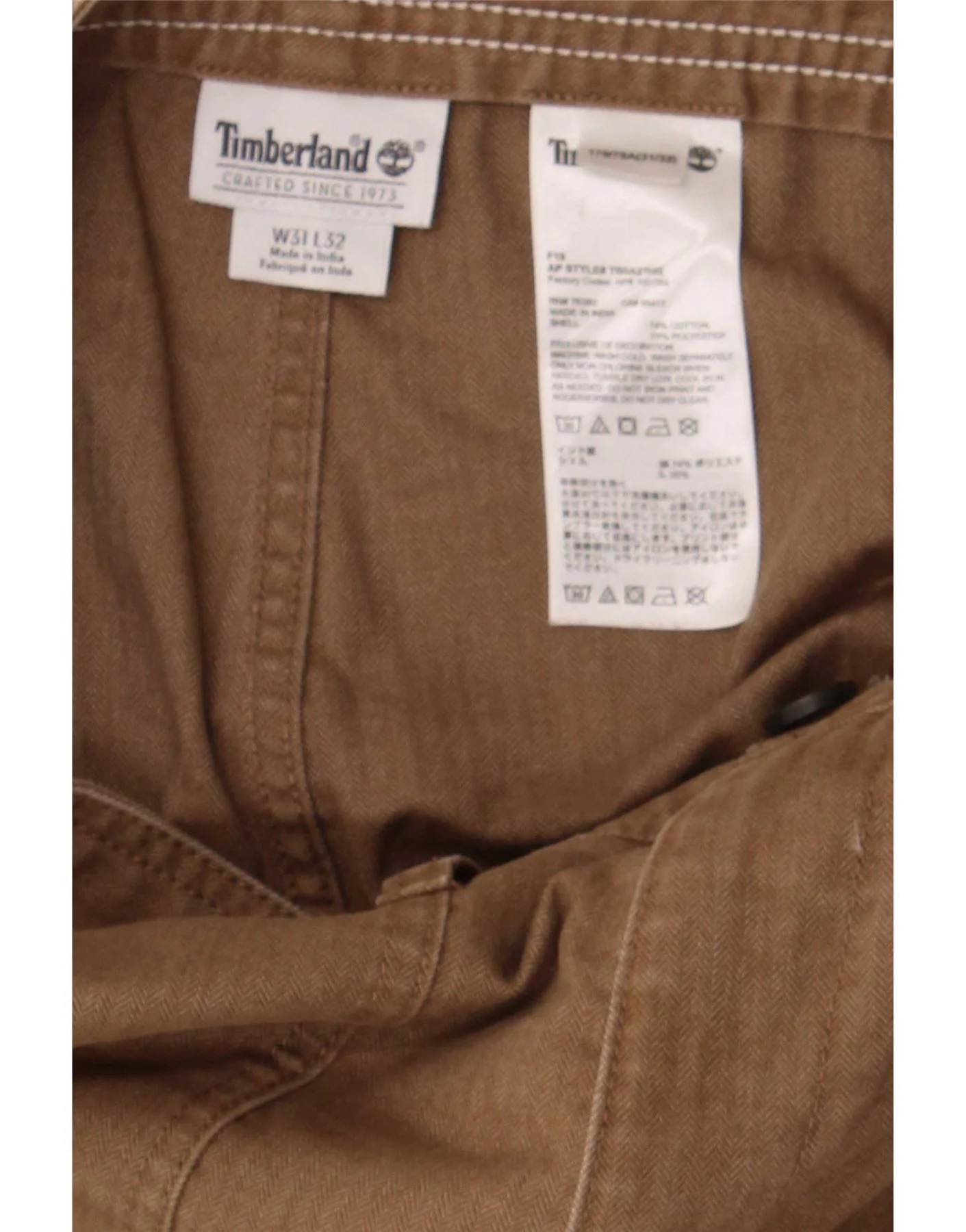 Timberland Mens Slim Cargo Trousers W31 L32 Brown Cotton - Image 3