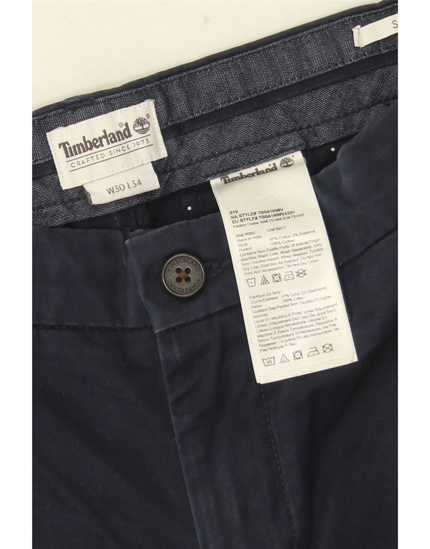 Timberland Mens Slim Chino Trousers W30 L34 Navy Blue Cotton - Image 3