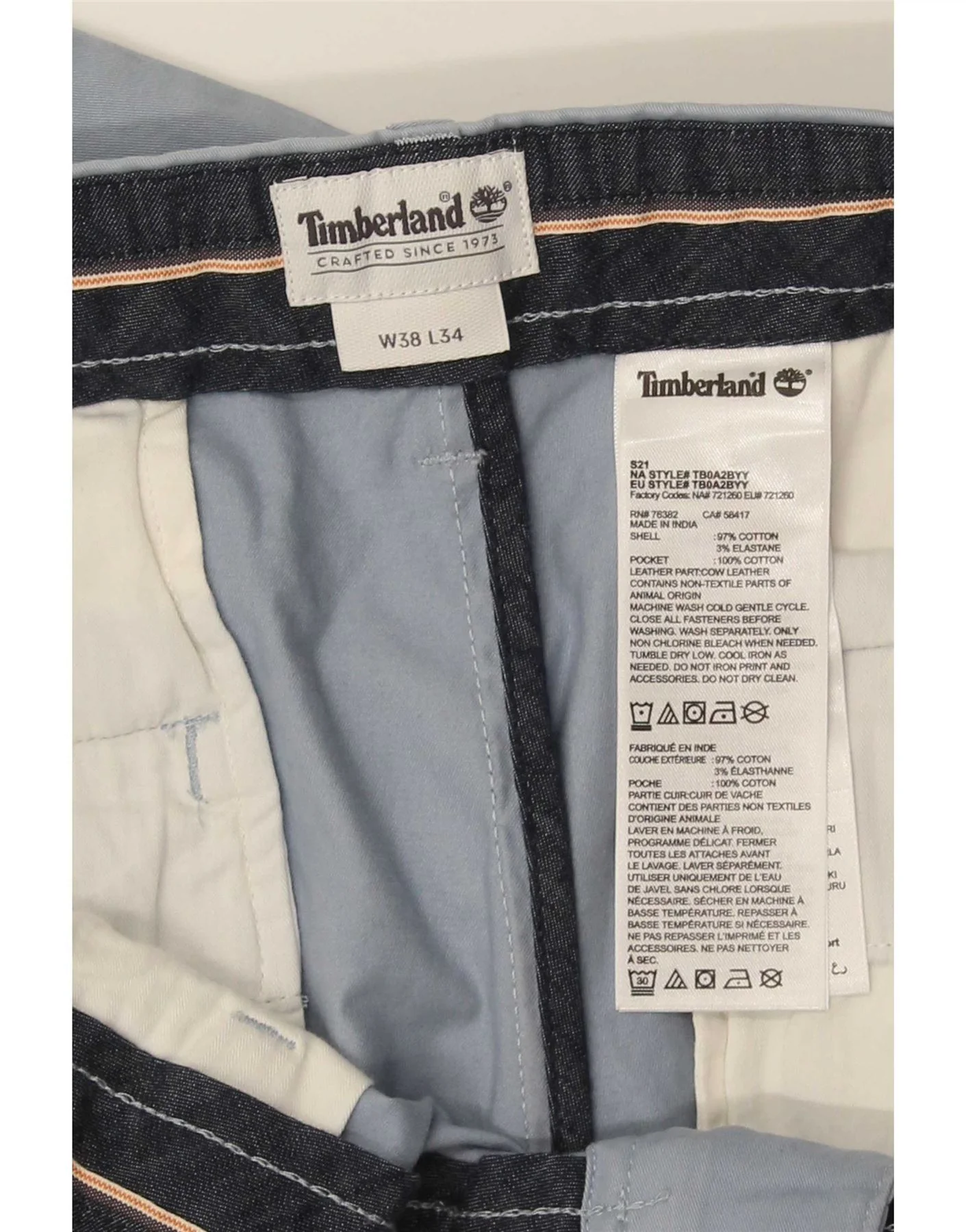 Timberland Mens Straight Chino Trousers W38 L34 Blue Cotton - Image 3