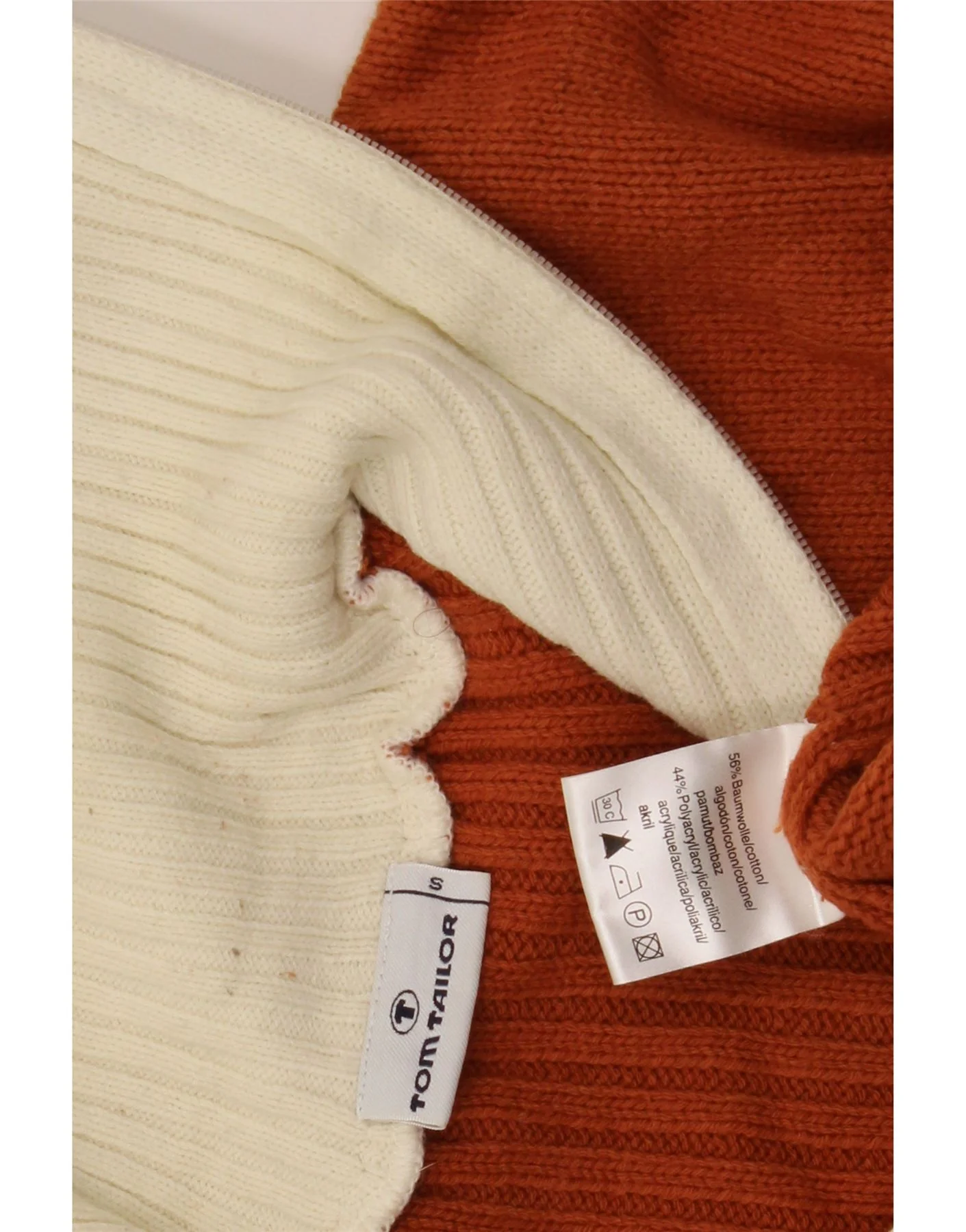 Tom Tailor Mens Zip Neck Jumper Sweater Small Brown Colourblock Cotton - Image 3
