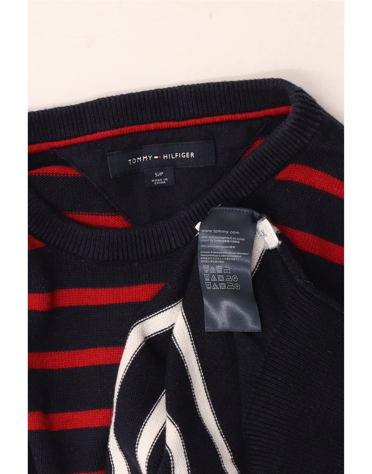 Tommy Hilfiger Mens Boat Neck Jumper Sweater Small Navy Blue Striped Cotton - Image 4