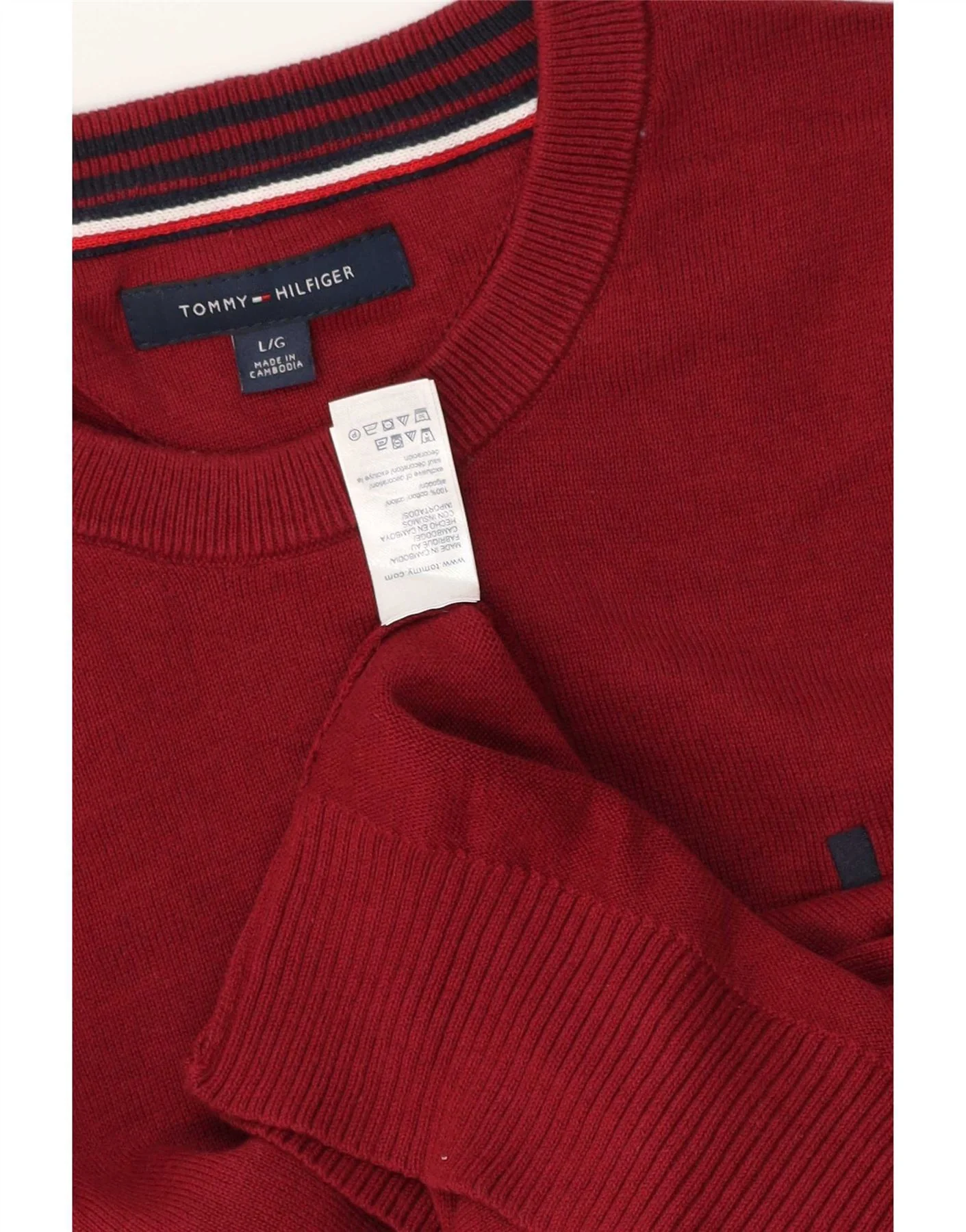 Tommy Hilfiger Mens Crew Neck Jumper Sweater Large Burgundy Cotton - Image 3