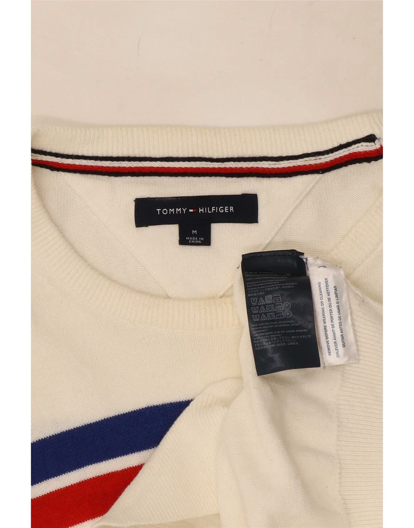 Tommy Hilfiger Mens Crew Neck Jumper Sweater Medium White Colourblock - Image 4