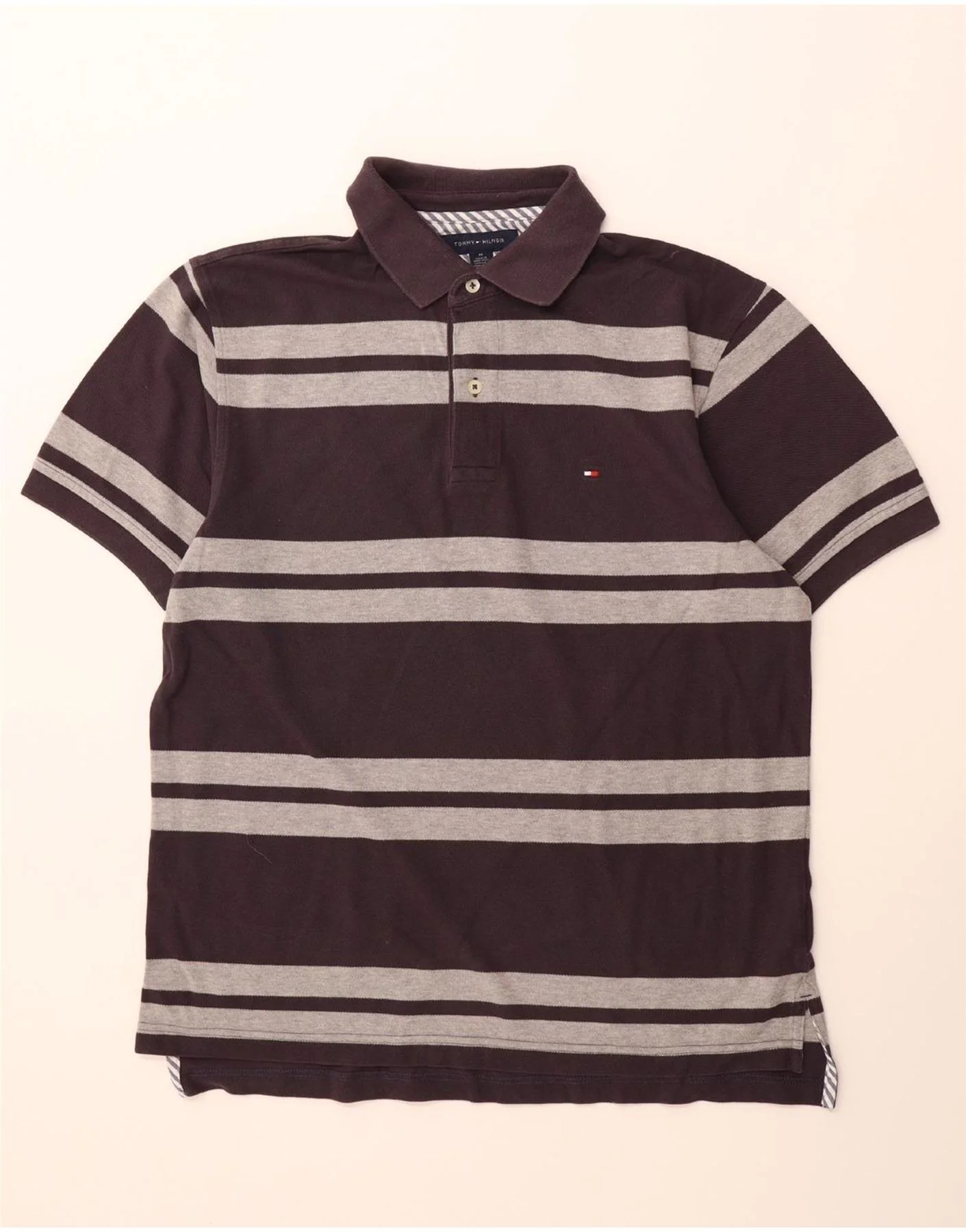 TOMMY HILFIGER Mens Polo Shirt Medium Navy Blue Striped Cotton