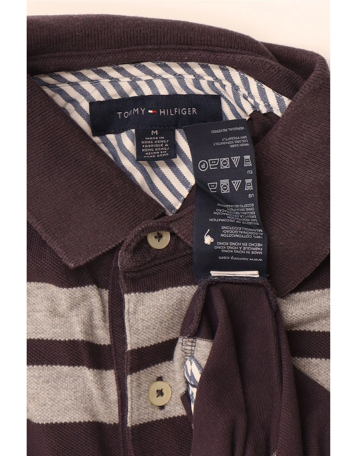 TOMMY HILFIGER Mens Polo Shirt Medium Navy Blue Striped Cotton - Image 3