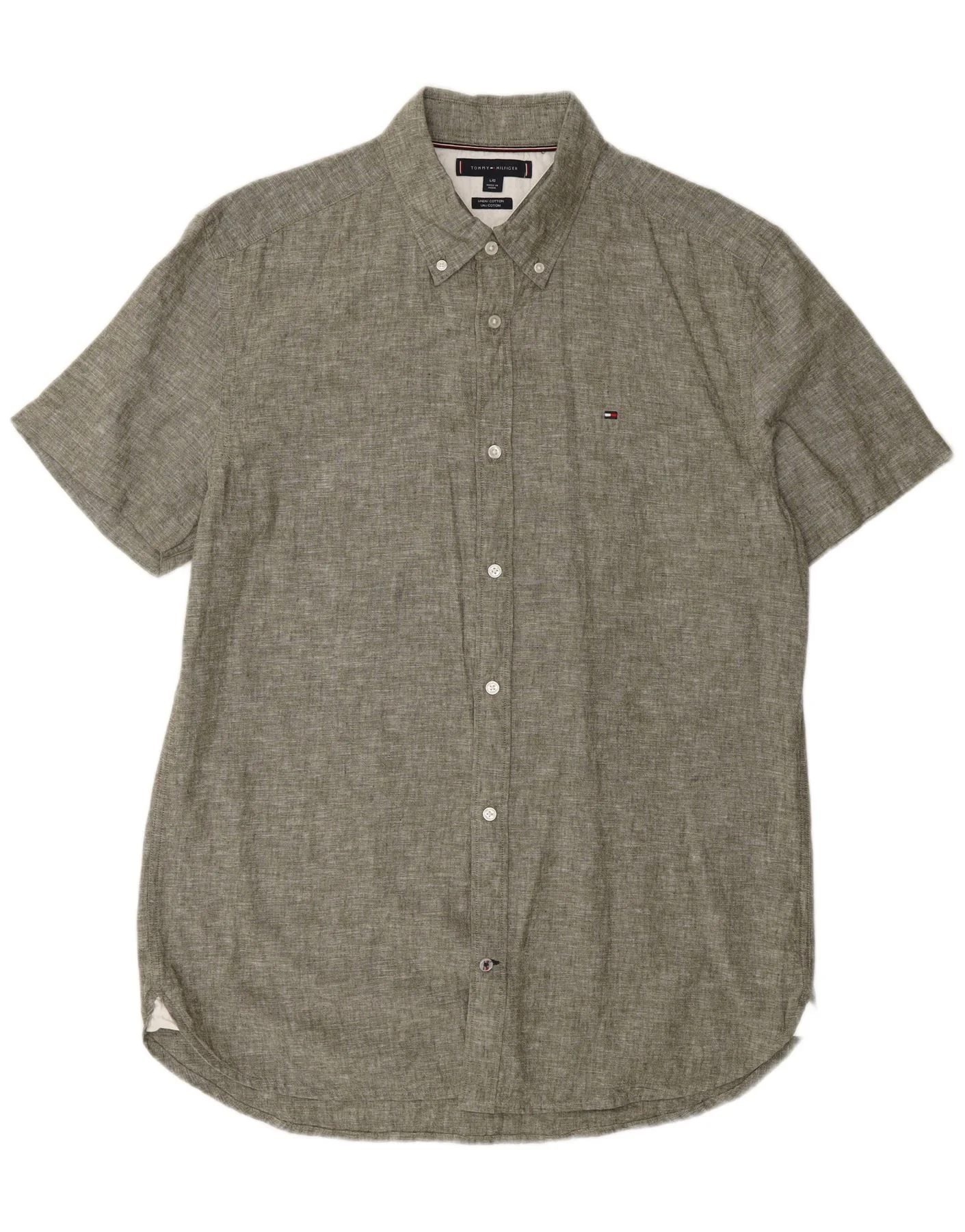 Tommy Hilfiger Mens Short Sleeve Regular Fit Shirt Large Green Linen