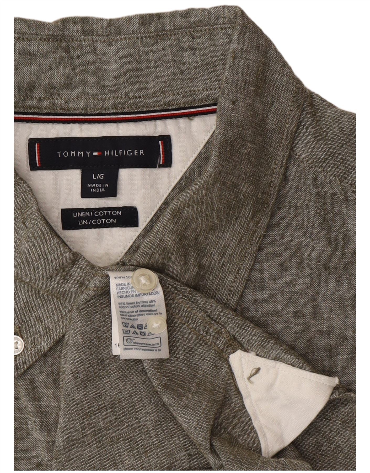 Tommy Hilfiger Mens Short Sleeve Regular Fit Shirt Large Green Linen - Image 3