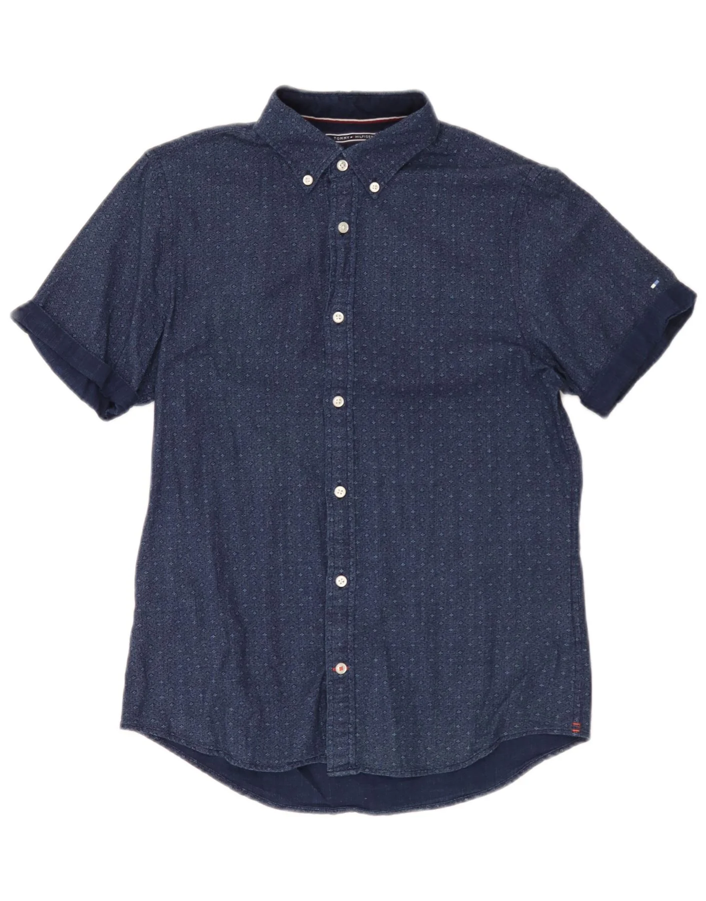 Tommy Hilfiger Mens Short Sleeve Shirt Small Navy Blue Spotted Cotton