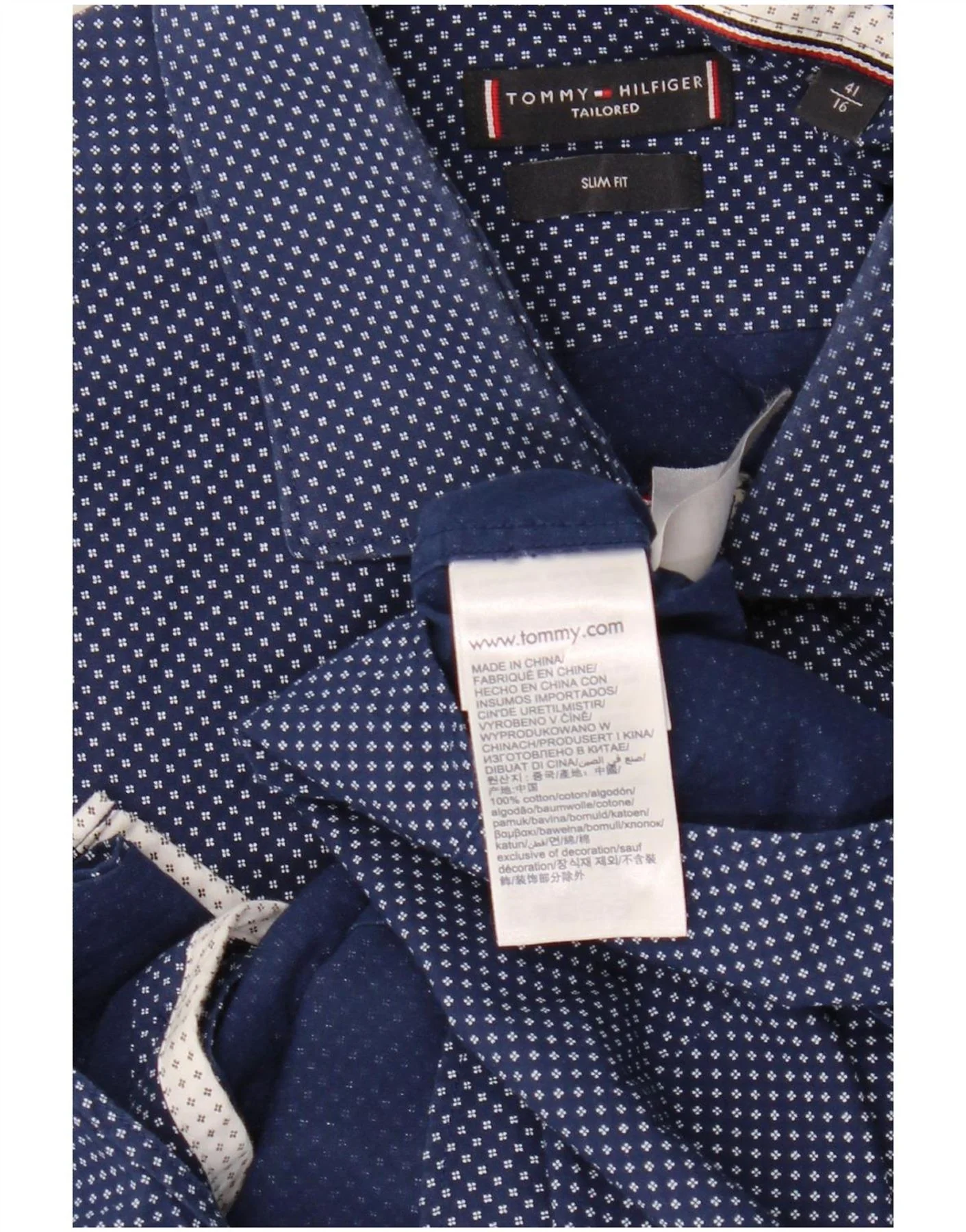 Tommy Hilfiger Mens Slim Fit Shirt Size 41 16 Large Navy Blue Spotted - Image 3