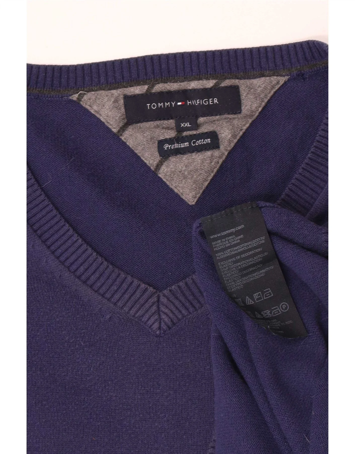Tommy Hilfiger Mens V-Neck Jumper Sweater 2XL Navy Blue Cotton - Image 4