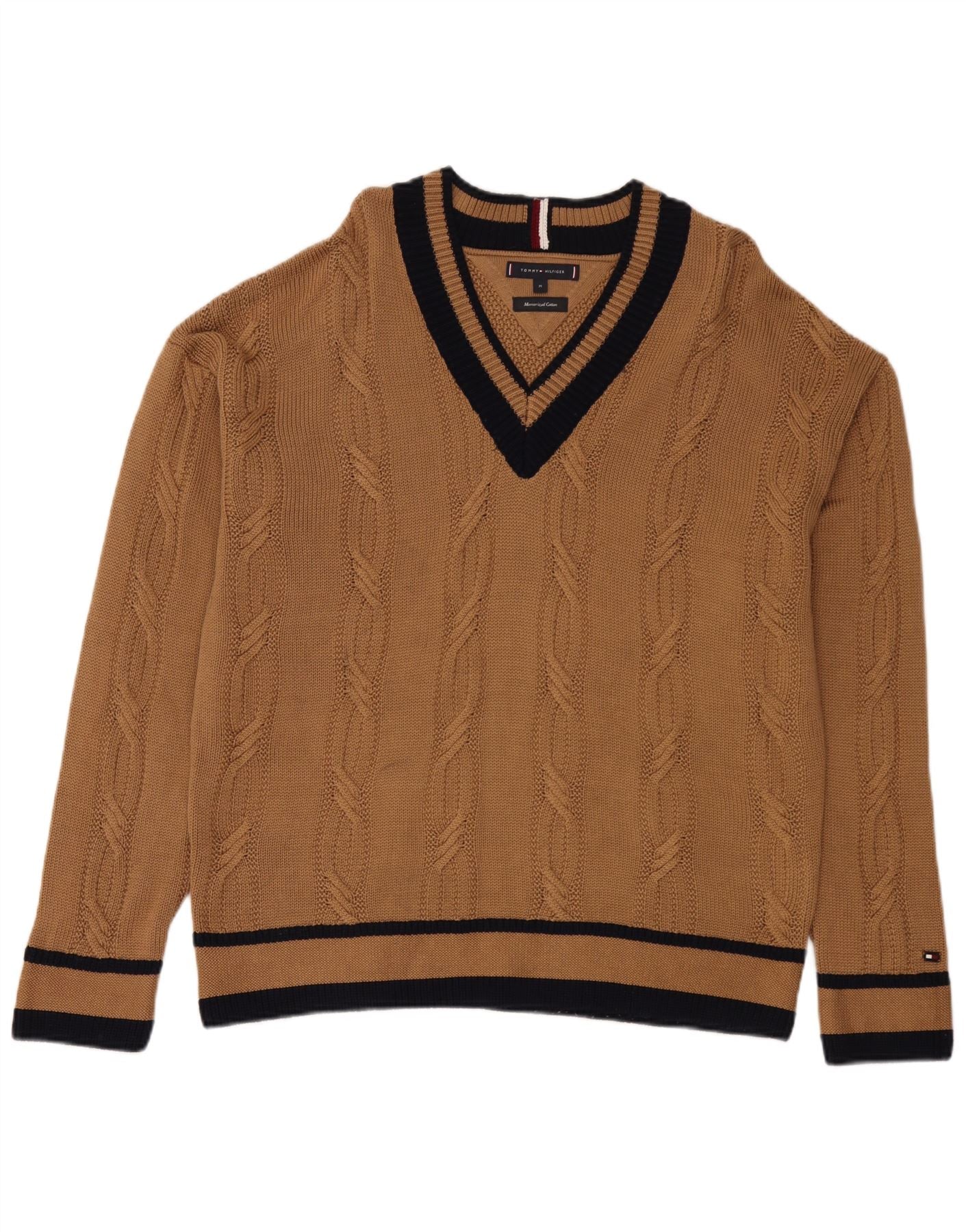 Tommy Hilfiger Mens V-Neck Jumper Sweater Medium Brown Colourblock
