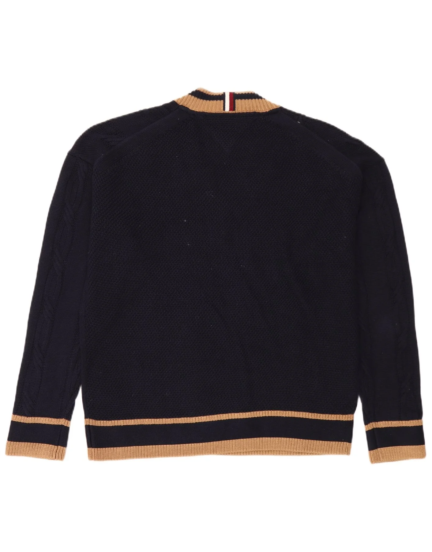 Tommy Hilfiger Mens V-Neck Jumper Sweater Medium Navy Blue Striped Cotton - Image 2