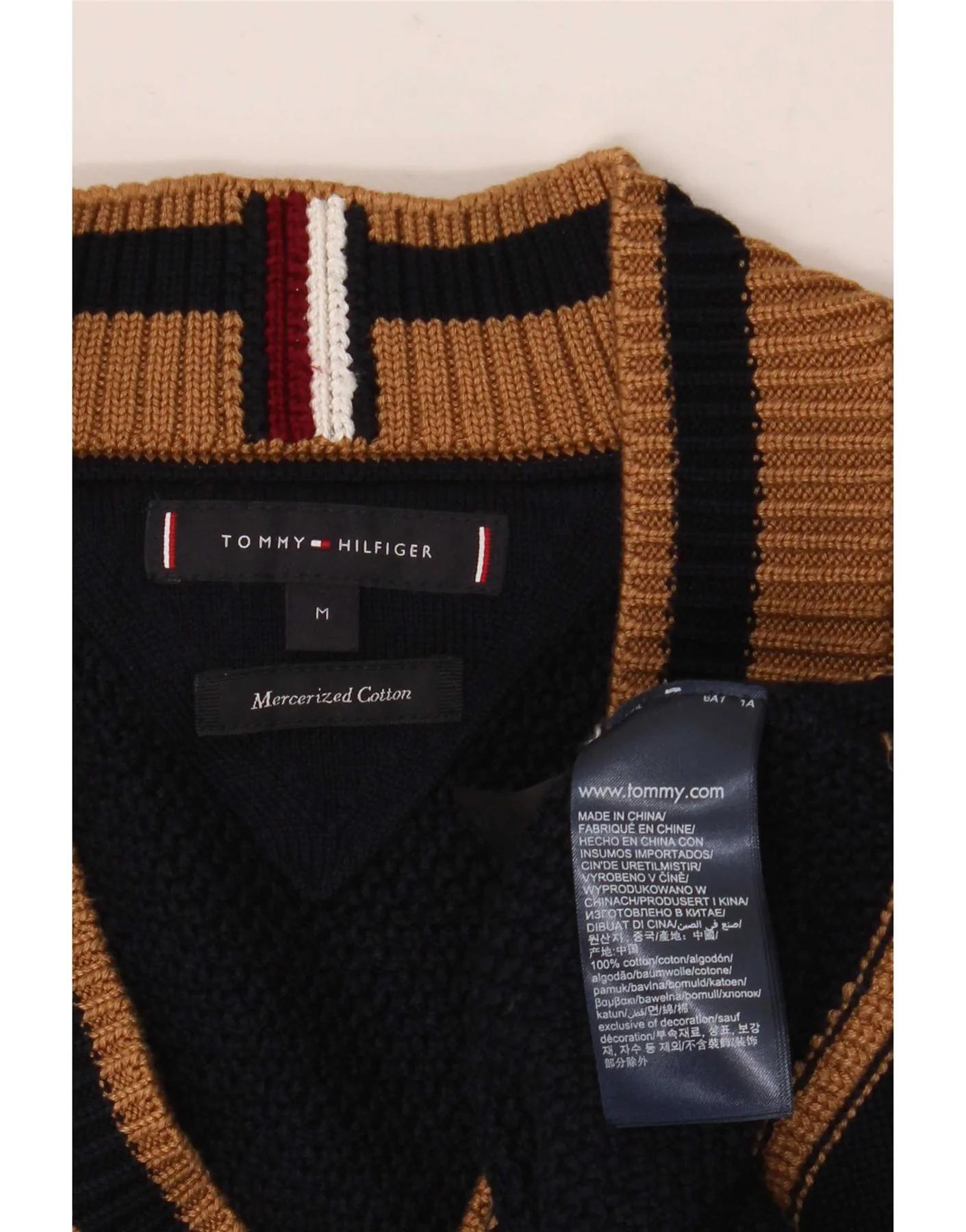 Tommy Hilfiger Mens V-Neck Jumper Sweater Medium Navy Blue Striped Cotton - Image 3