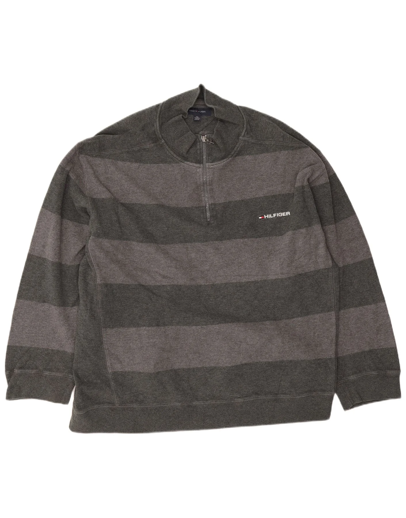Tommy Hilfiger Mens Zip Neck Jumper Sweater 2XL Grey Striped Cotton