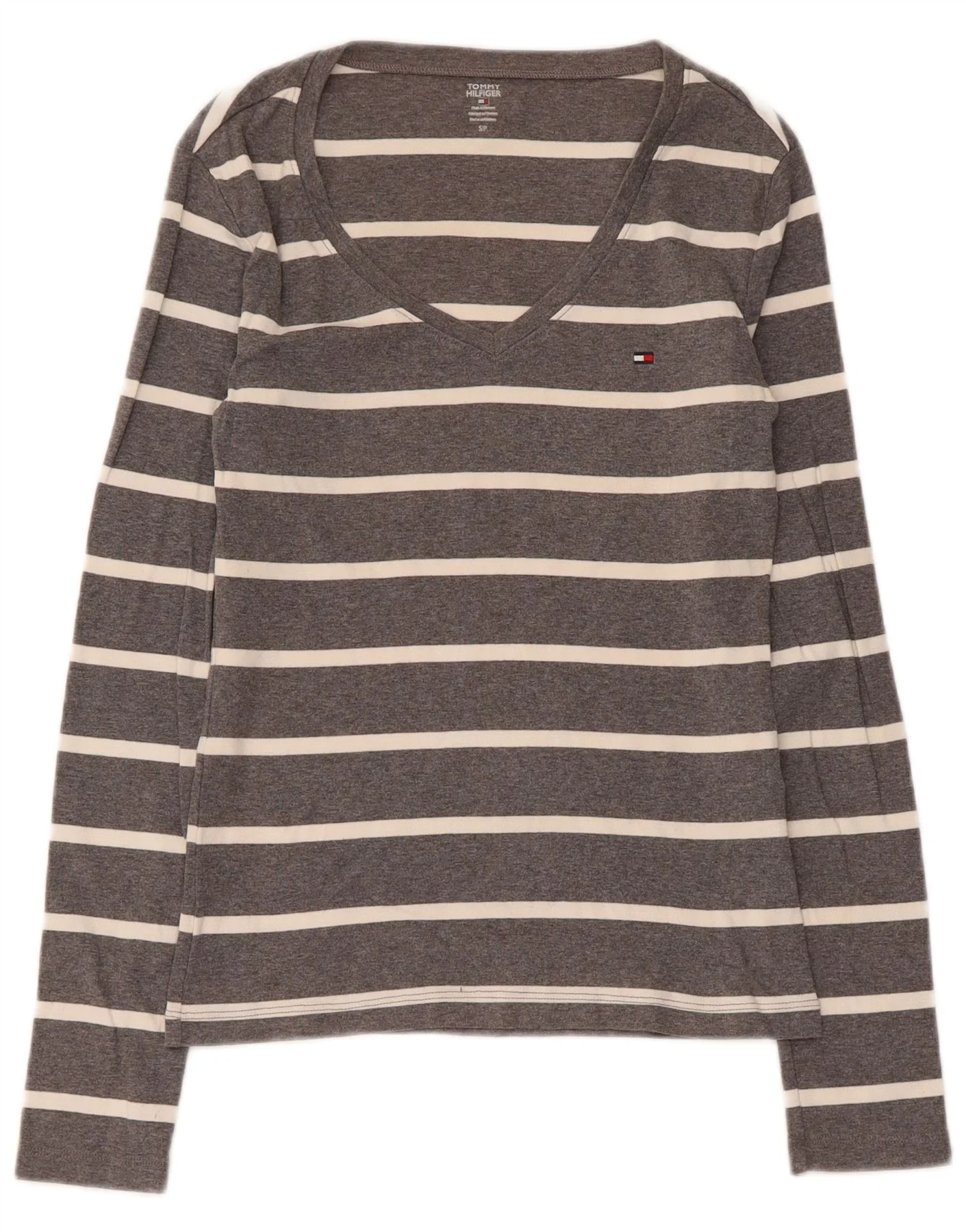Tommy Hilfiger Womens Top Long Sleeve UK 8 Small Grey Striped Cotton