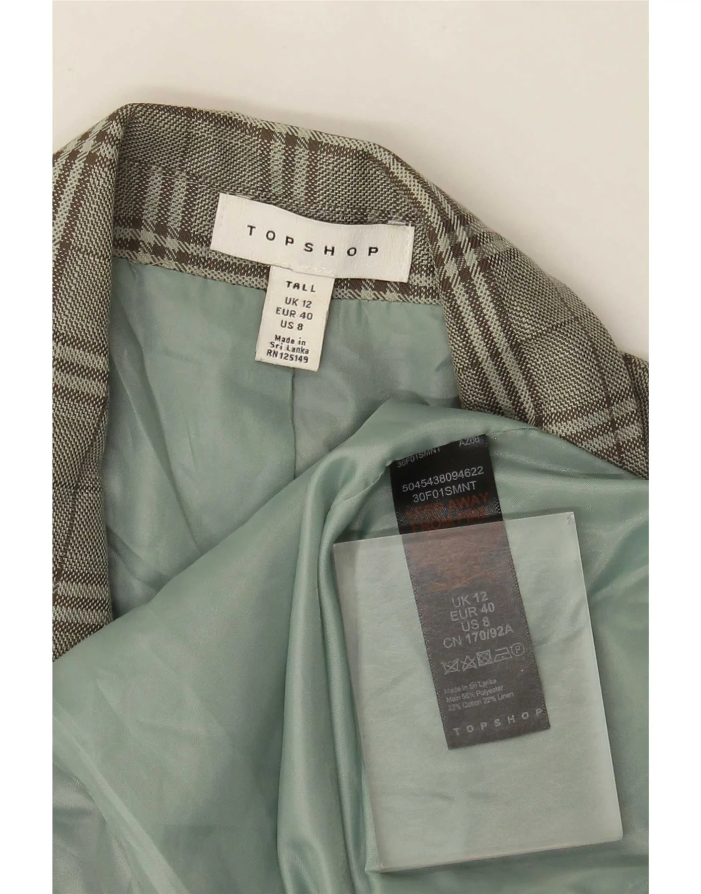 Topshop Womens Tall Double Breasted Blazer Jacket UK 12 Medium Green Check - Image 4