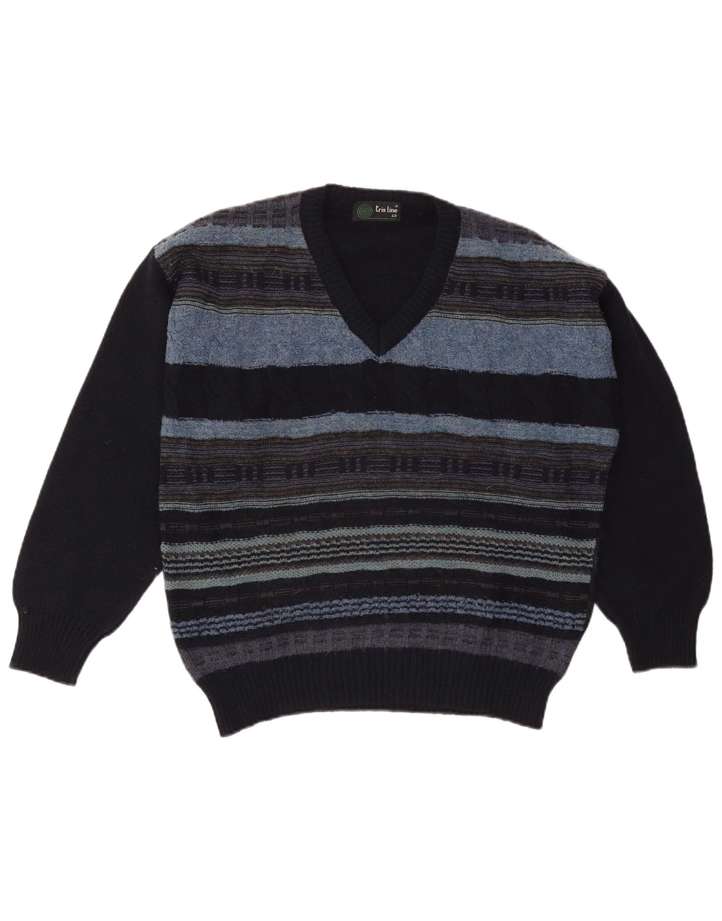 Tris Line Mens V-Neck Jumper Sweater IT 48 Medium Navy Blue Striped Wool