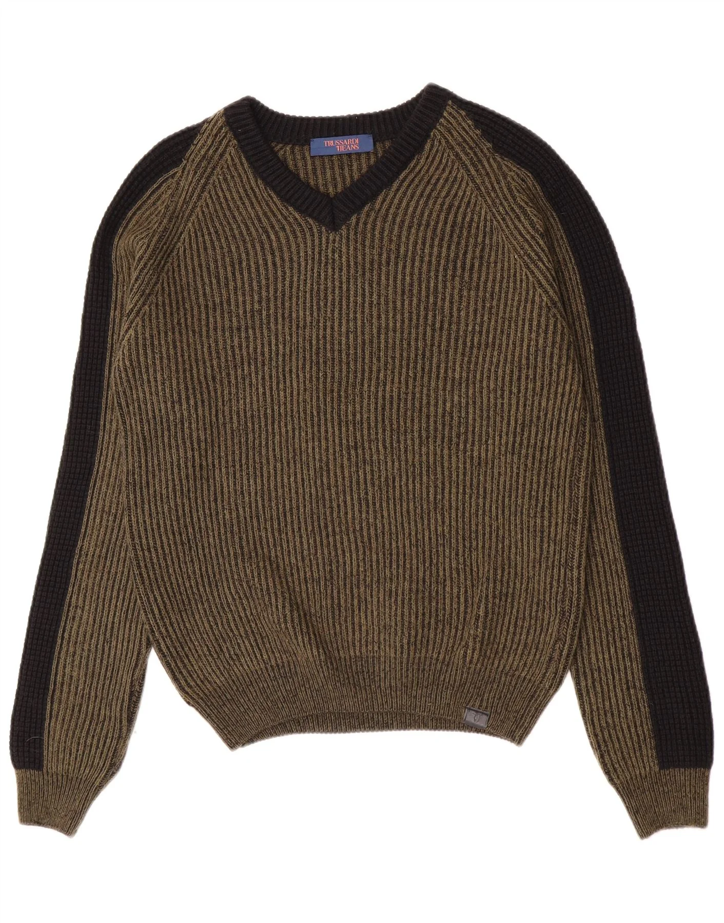 Trussardi Jeans Mens V-Neck Jumper Sweater Medium Khaki Colourblock